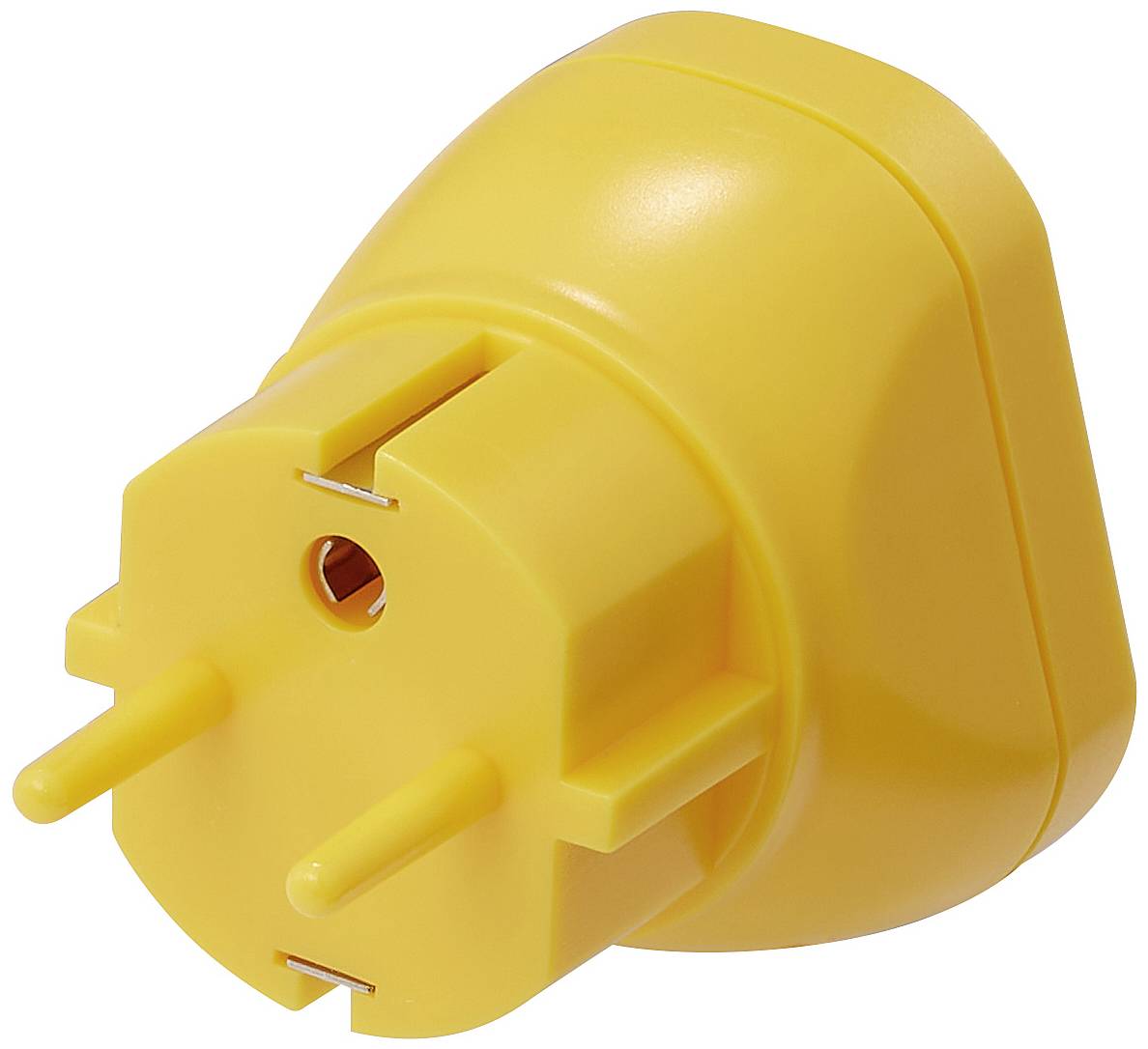 Gelber, dreipoliger Schutzkontakt-Steckeradapter in Seitenansicht.