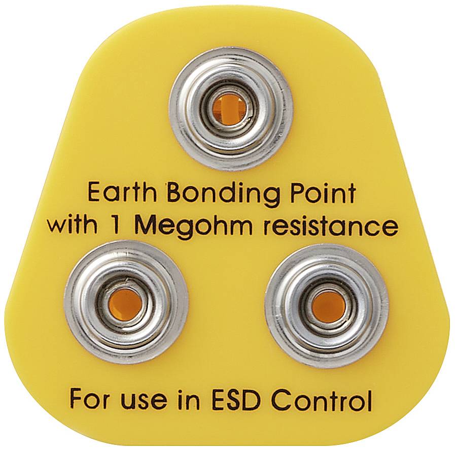 Gelbes Erdungsgerät mit drei Metallanschlüssen, beschriftet 'Earth Bonding Point with 1 Megohm resistance, For use in ESD Control'.