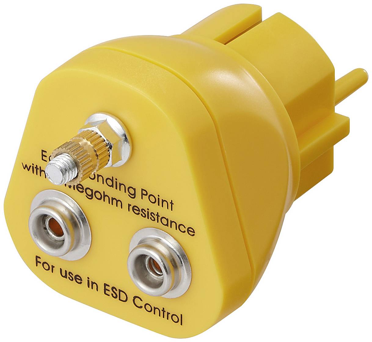 Gelber ESD-Erdungspunktadapter mit zwei Metallanschlüssen und der Aufschrift 'Earthing Point with Megohm resistance' für ESD-Kontrolle.