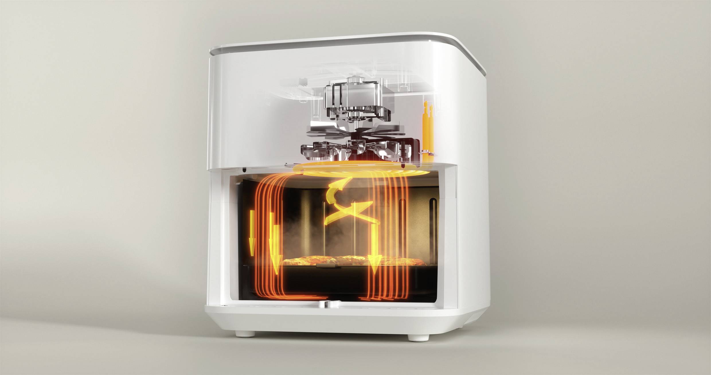 Ein weißer 3D-Drucker druckt ein leuchtend orangefarbenes Objekt. Er steht auf einer schlichten Oberflächen.