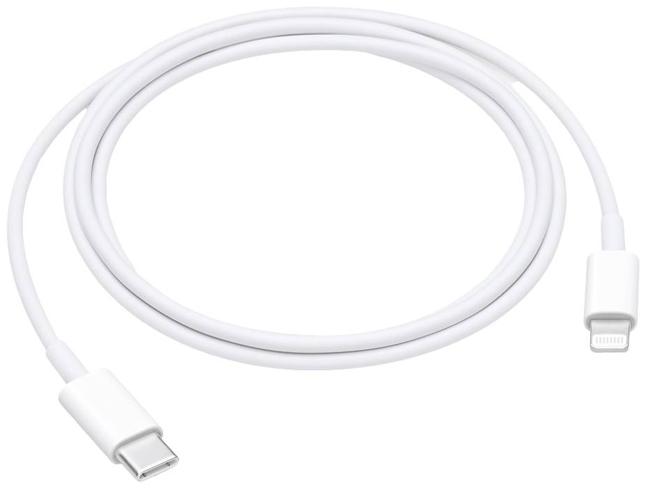 Ein weißes Kabel mit USB-C- und Lightning-Anschlussenden, häufig verwendet zum Aufladen von Mobilgeräten.