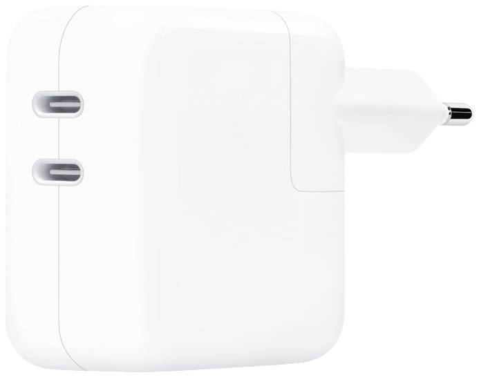 Weißes USB-C-Ladegerät mit zwei Anschlüssen, Seitenansicht.