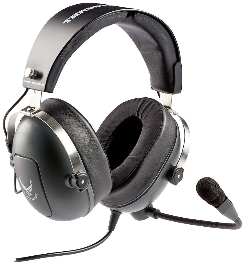 Ein schwarzes Headset mit Mikrofon. Es hat gepolsterte Ohrmuscheln und einen verstellbaren Bügel, geeignet für Kommunikation oder Gaming.