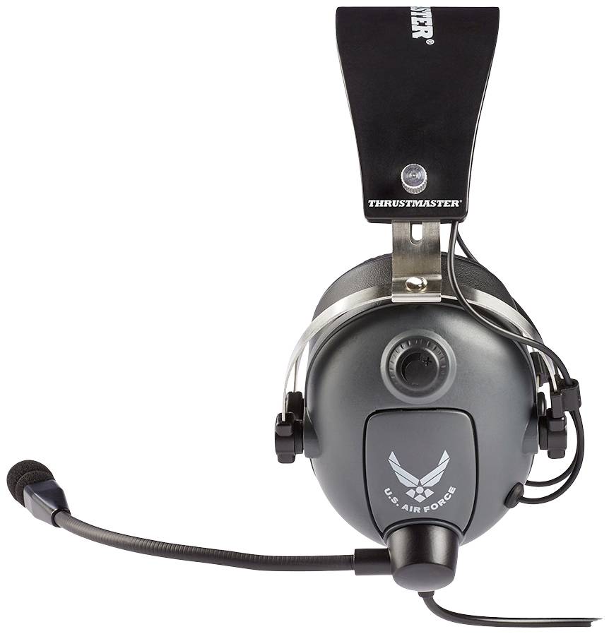 Headset mit Mikrofonarm und 'U.S. Air Force'-Logo in der Mitte. Silvernes Halteband oben. Designez für Gaming oder Kommunikation.