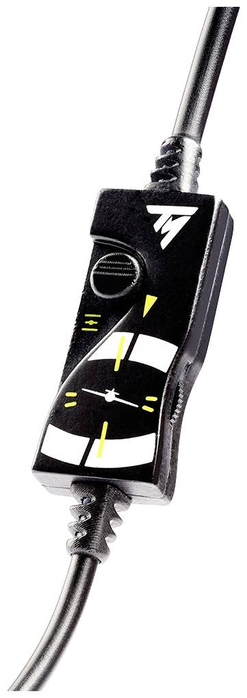 Schwarzer Kabelschalter mit gelben und weißen Markierungen, dreieckiger Knopf oben und ikonischem Symbol für Ausrichtung an der Seite.