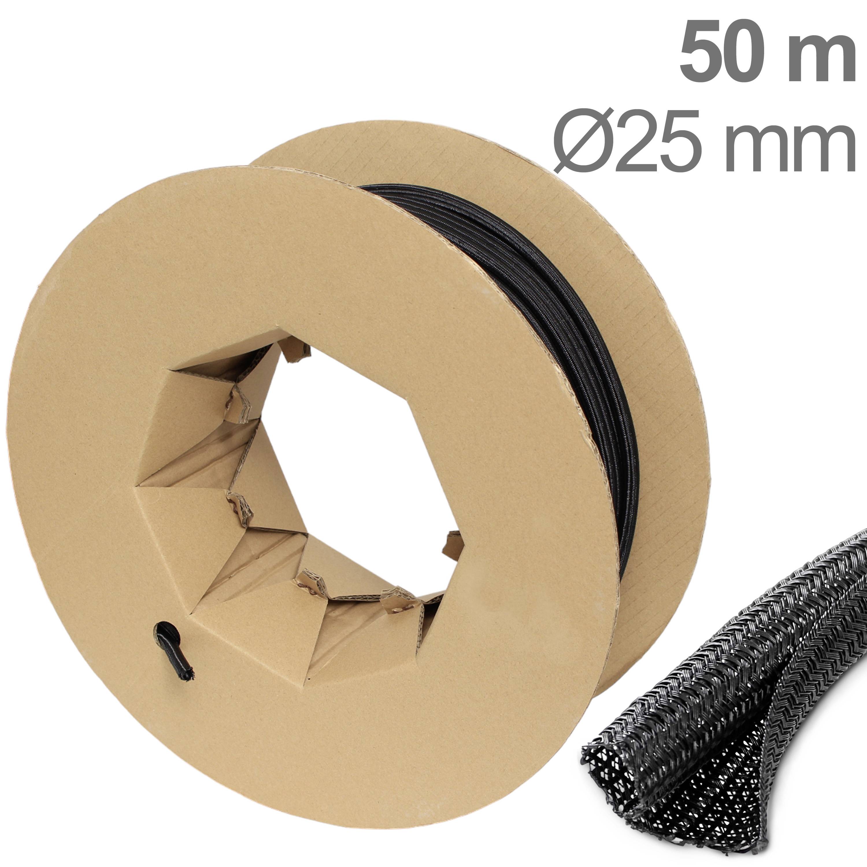Schwarzes Kunststoffgeflecht in einer Kartonspule. Text '50 m, Ø25 mm'. Geeignet zum Schutz oder Bündeln von Kabeln.