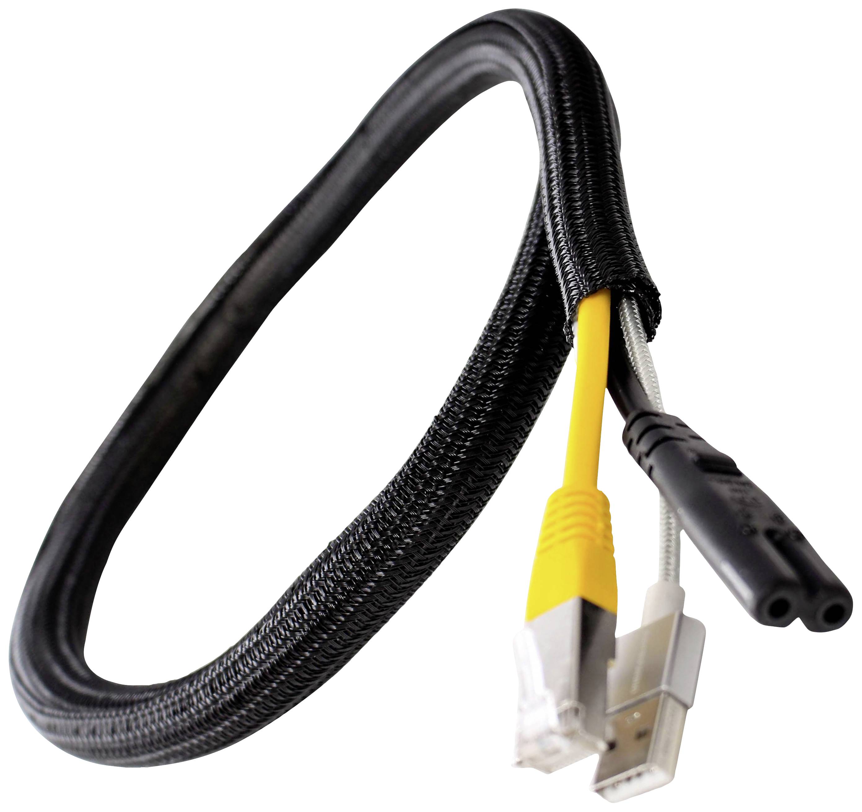 Ein geflochtenes Kabelorganizer-Set mit einem Ethernet- und USB-Kabel, geeignet zur Kabelbündelung und -organisation.