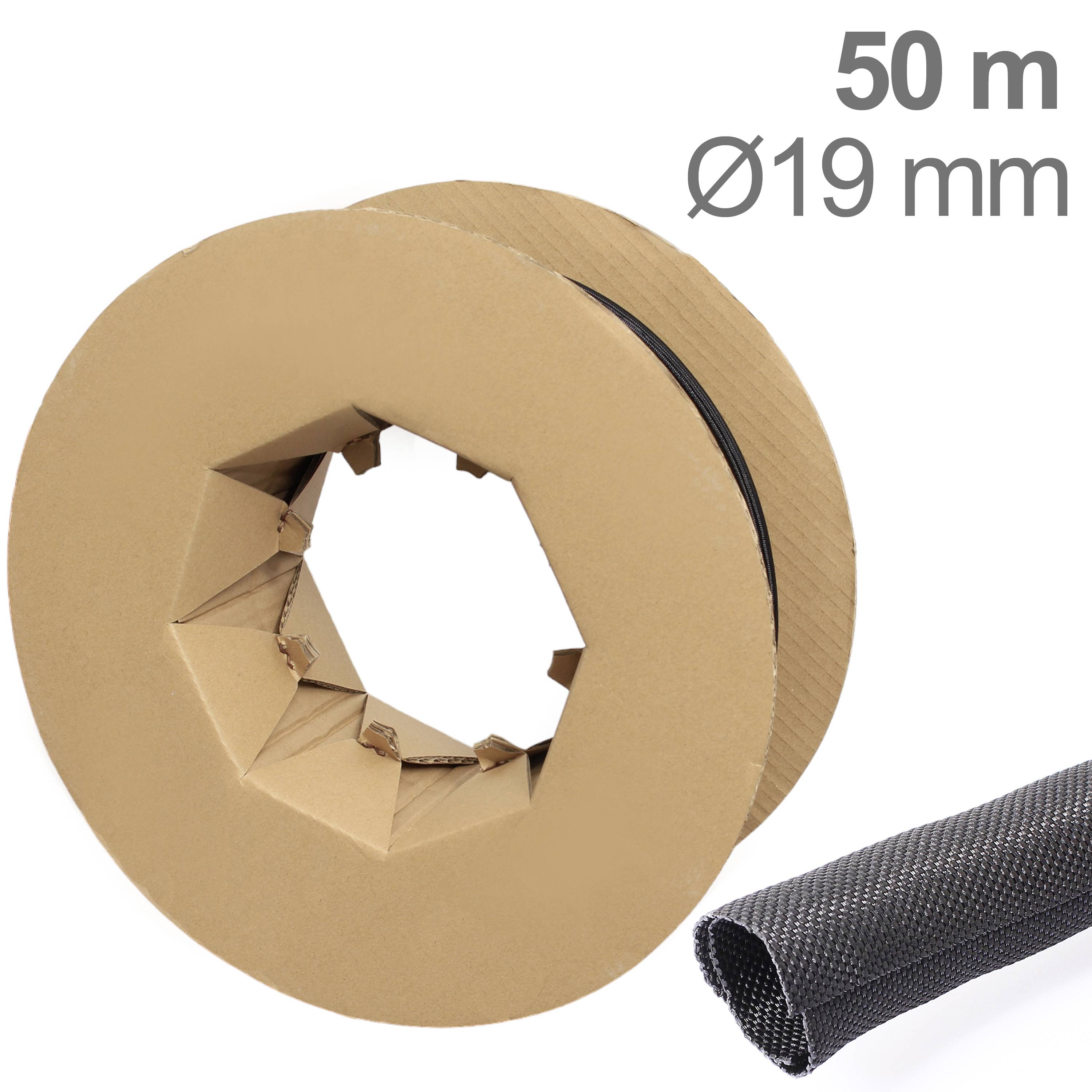 Schwarzer Kabelschutz, 50 m Länge, 19 mm Durchmesser, in Kartonrolle. Geeignet für Kabelmanagement und Schutz vor Beschädigungen.