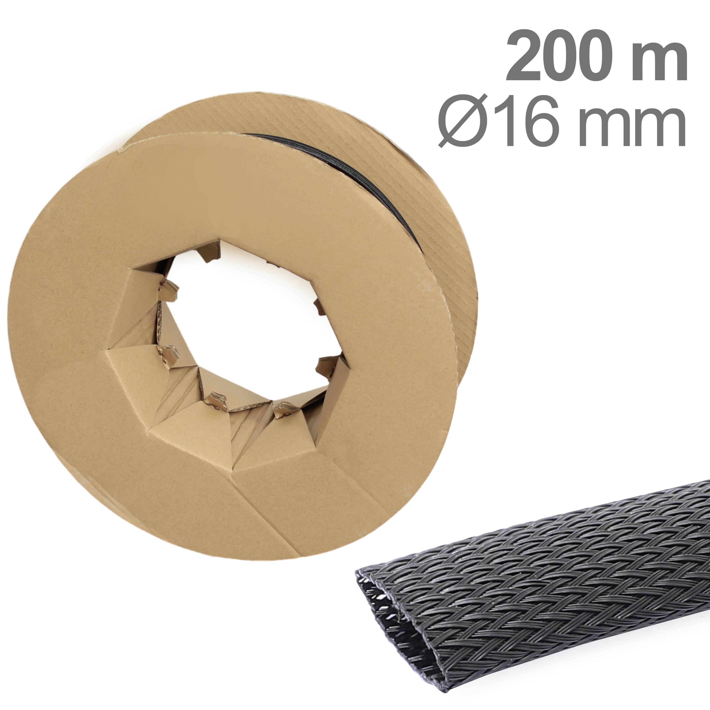 Eine Rolle mit 200 m schwarzem Schlauch, Durchmesser 16 mm, teils unaufgerollt. Verpackt in einer braunen Kartonspule.