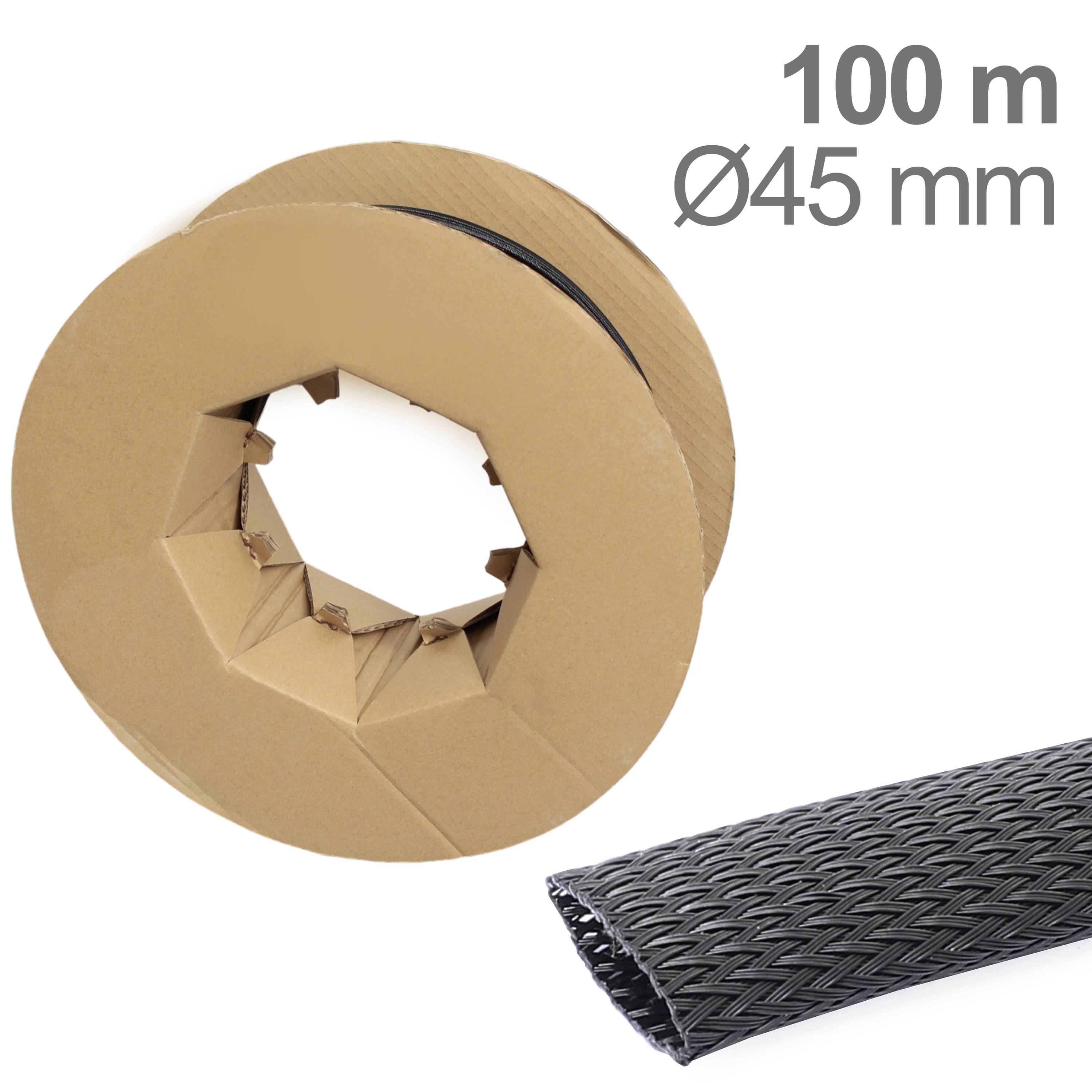 Rolle mit schwarzem Schutzschlauch auf Pappkern, Länge: 100 m, Durchmesser: 45 mm.