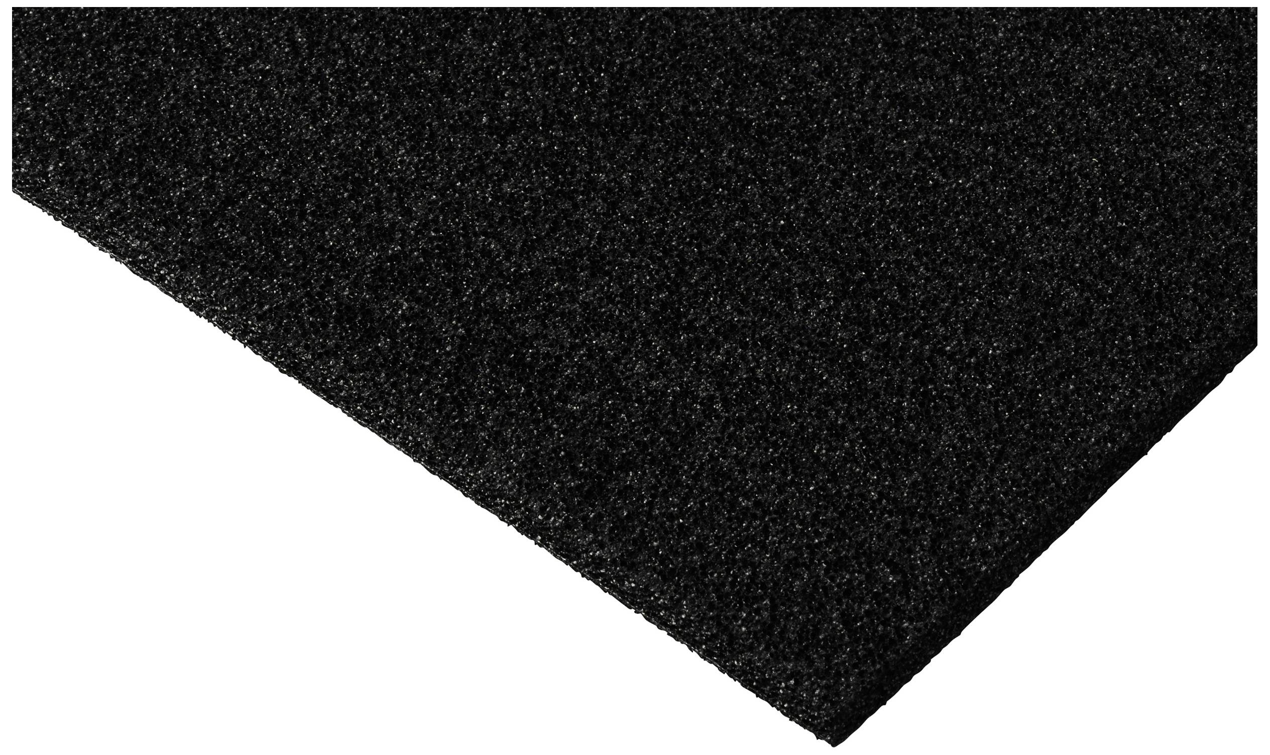 Ein rechteckiger, schwarzer Schaumstoffplatte mit feiner Textur in Nahaufnahme, diagonale Ansicht.