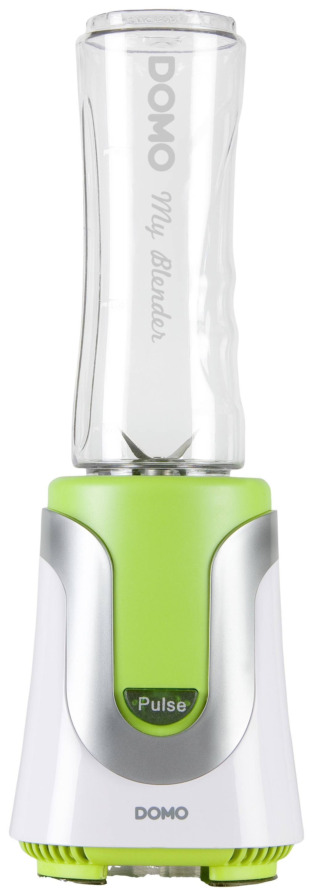 Grüner Standmixer mit durchsichtigem Behälter, Knopf mit 'Pulse' beschriftet, Markenname 'DOMO' sichtbar.