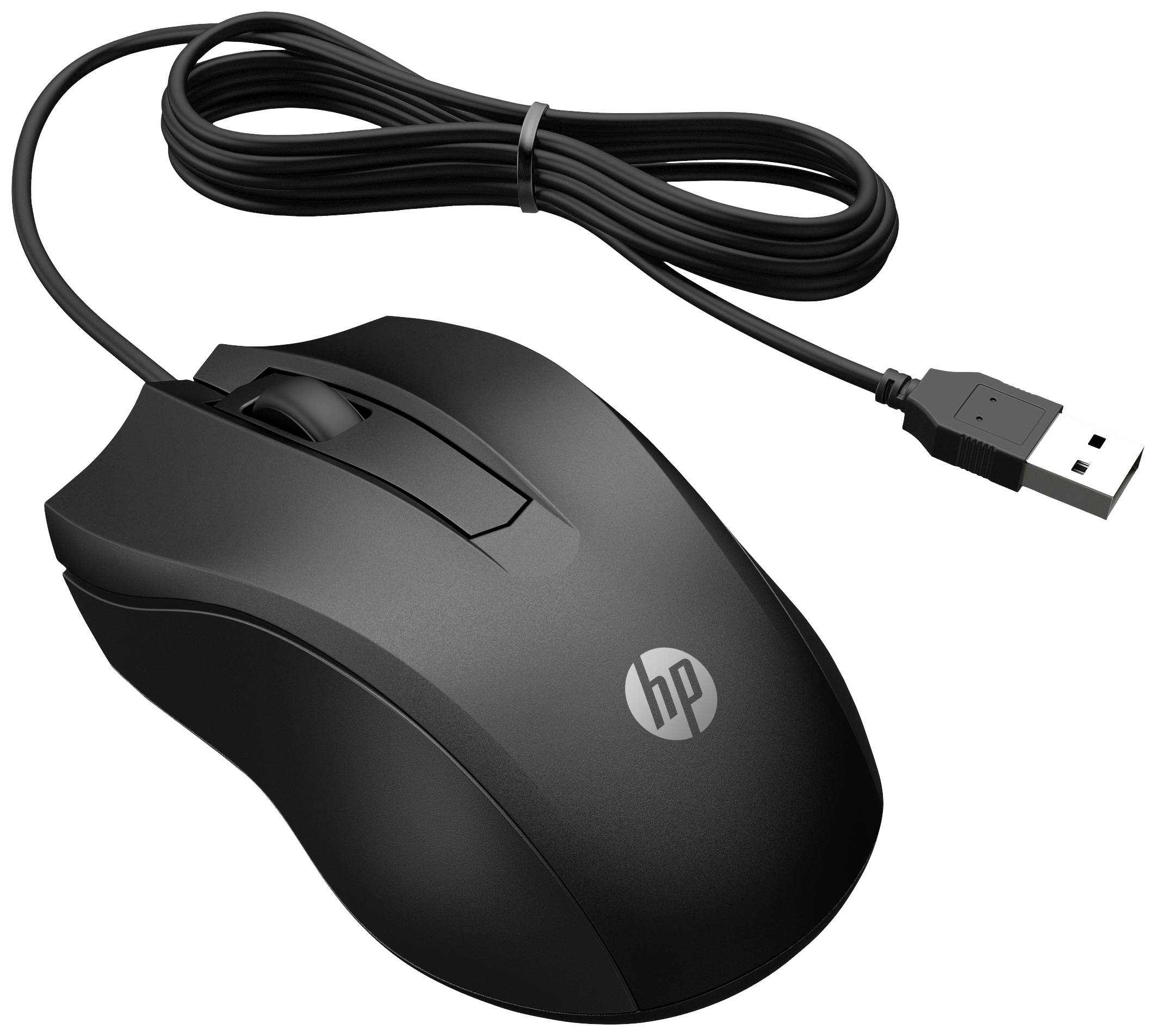 Schwarze HP-Computermaus mit USB-Kabel, geeignet für Desktop-Computer oder Laptops, funktional für allgemeine Computeraktivitäten.