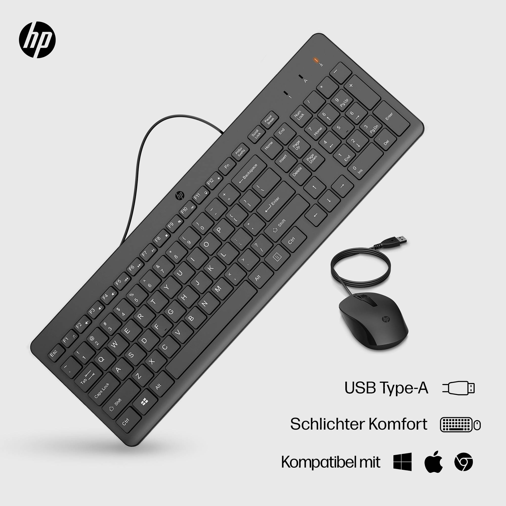 HP 150 Kabelgebunden Tastatur, Maus-Set Deutsch, QWERTZ Schwarz