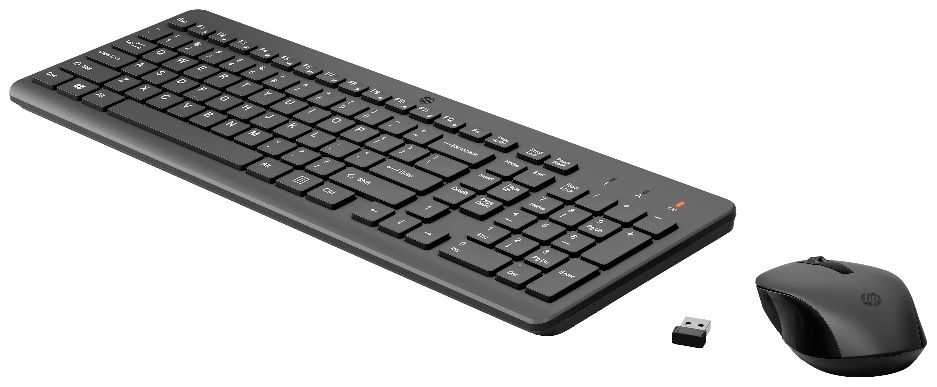 Drahtlose Tastatur und Maus-Set in Schwarz mit USB-Empfänger, geeignet für Büro- und Heimgebrauch.