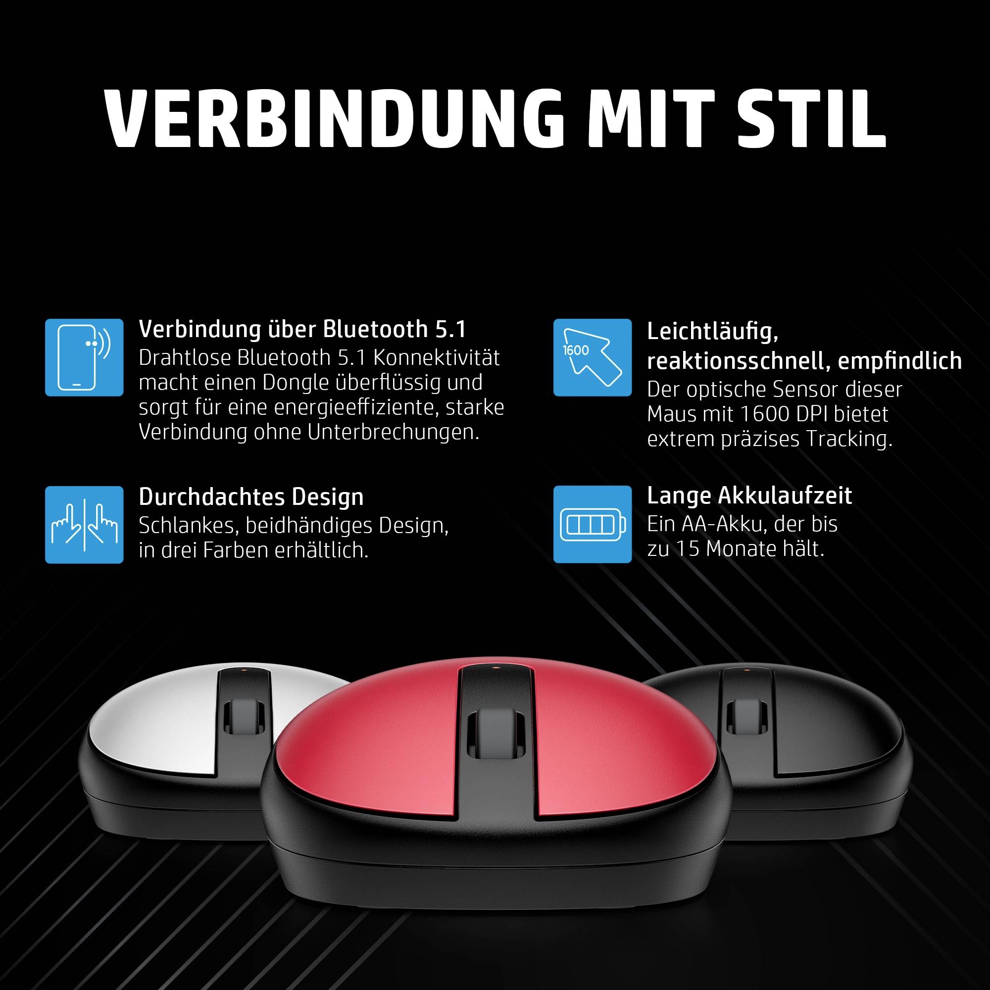 Drahtlose Bluetooth-Maus mit 5.1 Konnektivität, ergonomischem Design und langanhaltender AA-Batterie, in verschiedenen Farben erhältlich.