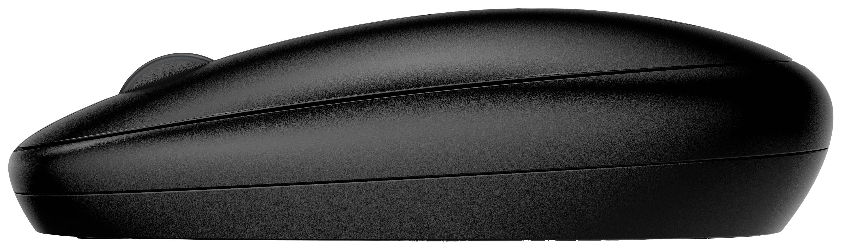 Schwarze, kabellose Computermaus, seitliche Ansicht. Ergonomisches Design, glatt ohne sichtbare Tasten oder Kabel.