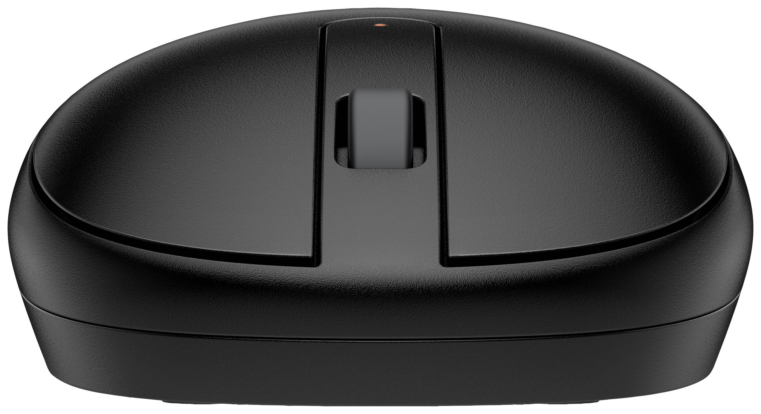 Schwarze, drahtlose Computermaus mit zwei Tasten und einem Scrollrad in der Mitte, von vorne betrachtet.
