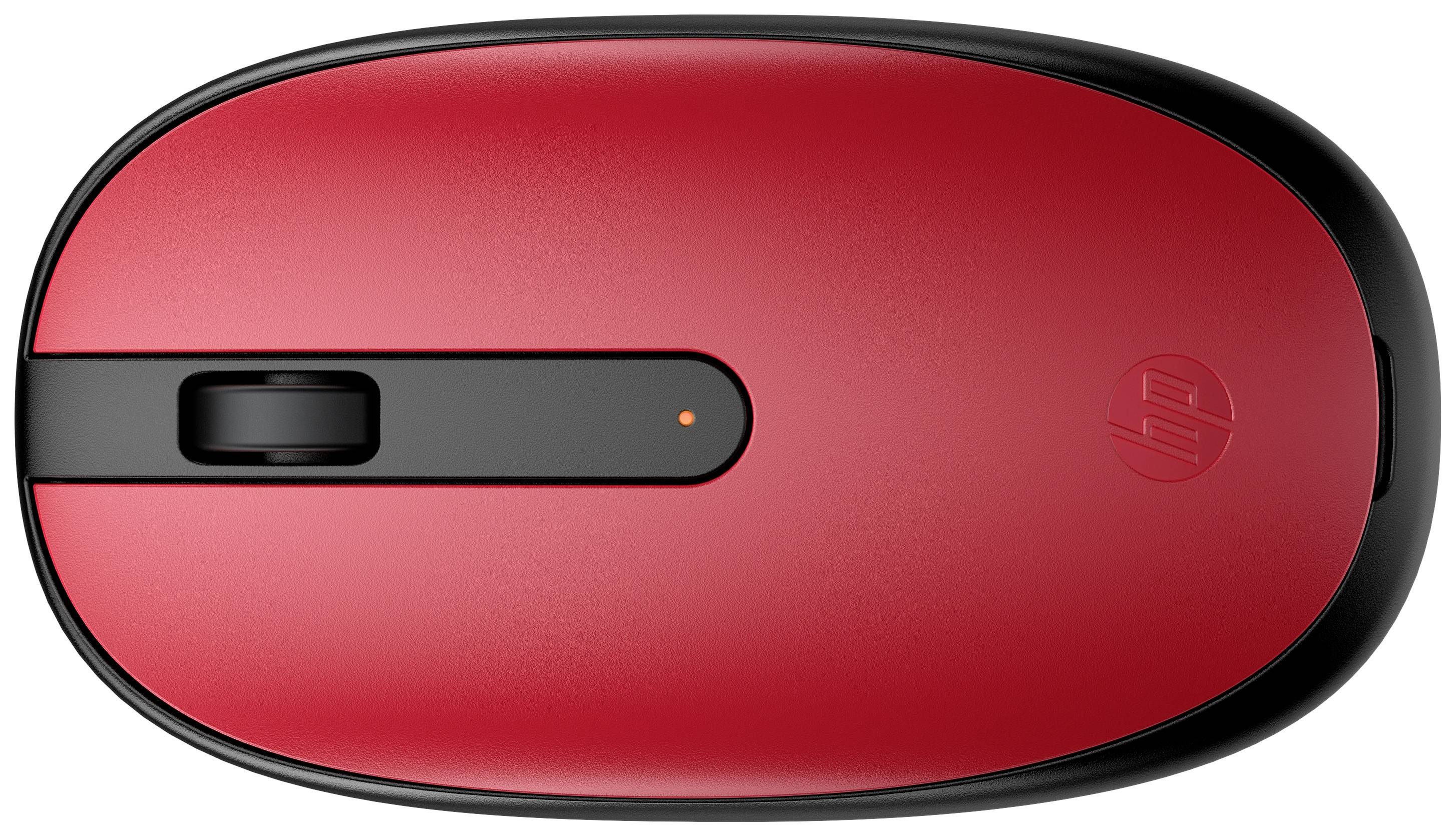 Kabellose rote Computermaus mit schwarzem Scrollrad und einem kleinen Markenlogo auf der Oberseite.