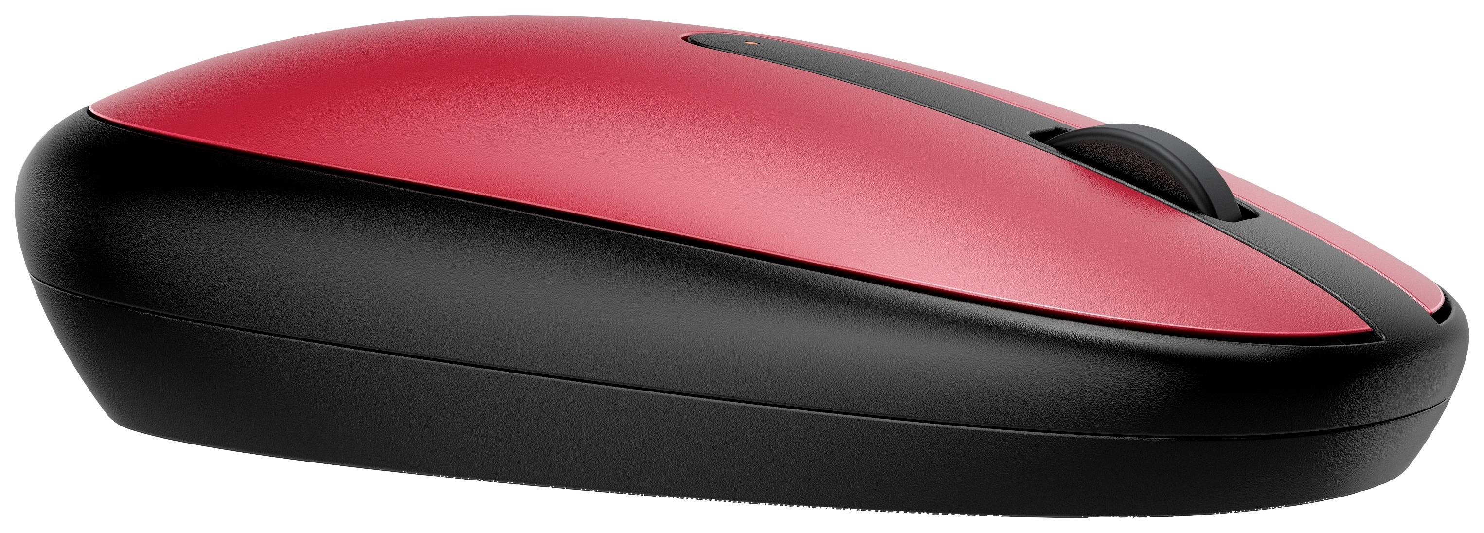 Schnurlose Maus in Rot und Schwarz, Seitenansicht, zeigt das ergonomische Design und das Scrollrad.