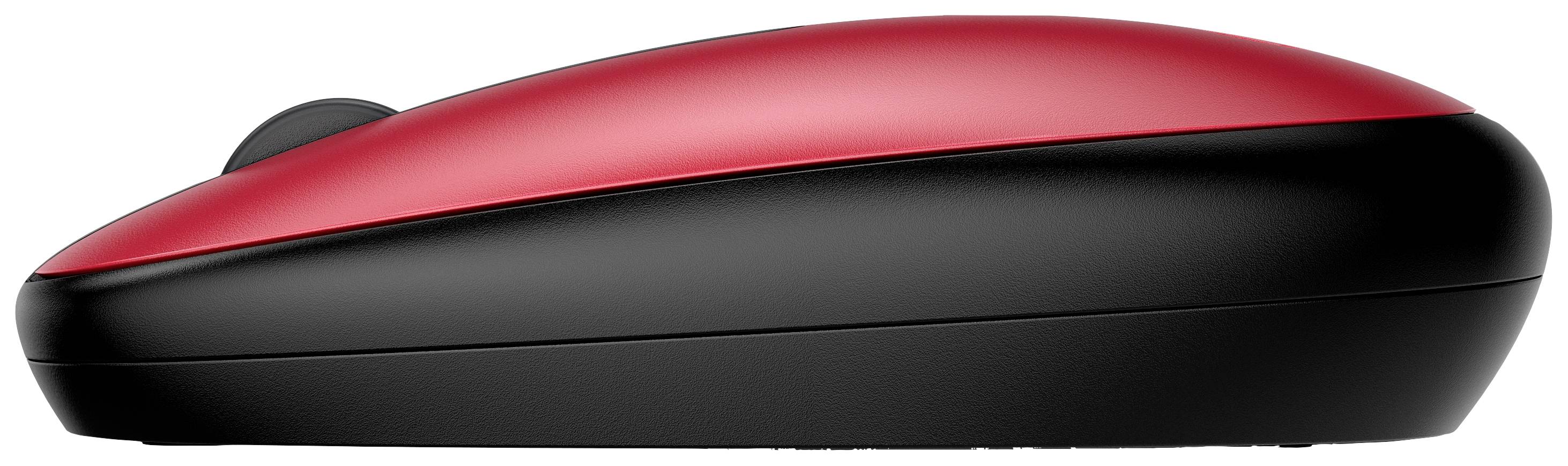 Eine Computermaus in Rot und Schwarz, seitlich fotografiert.