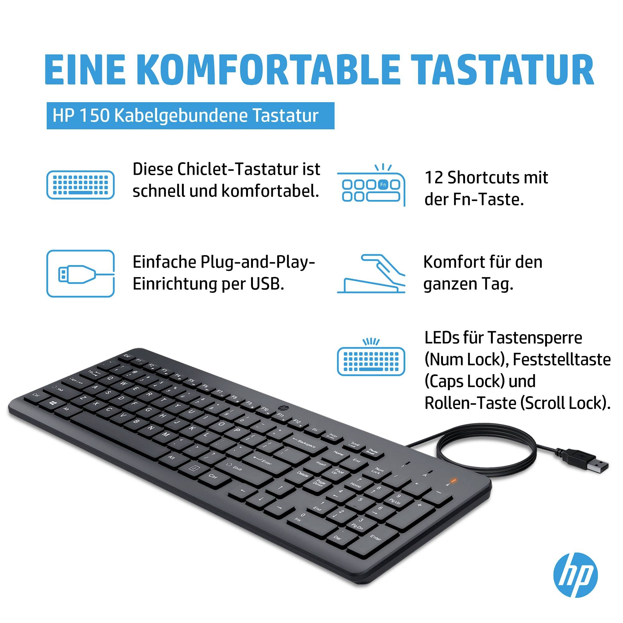 HP 150 Kabelgebunden Tastatur Deutsch, QWERTZ Schwarz