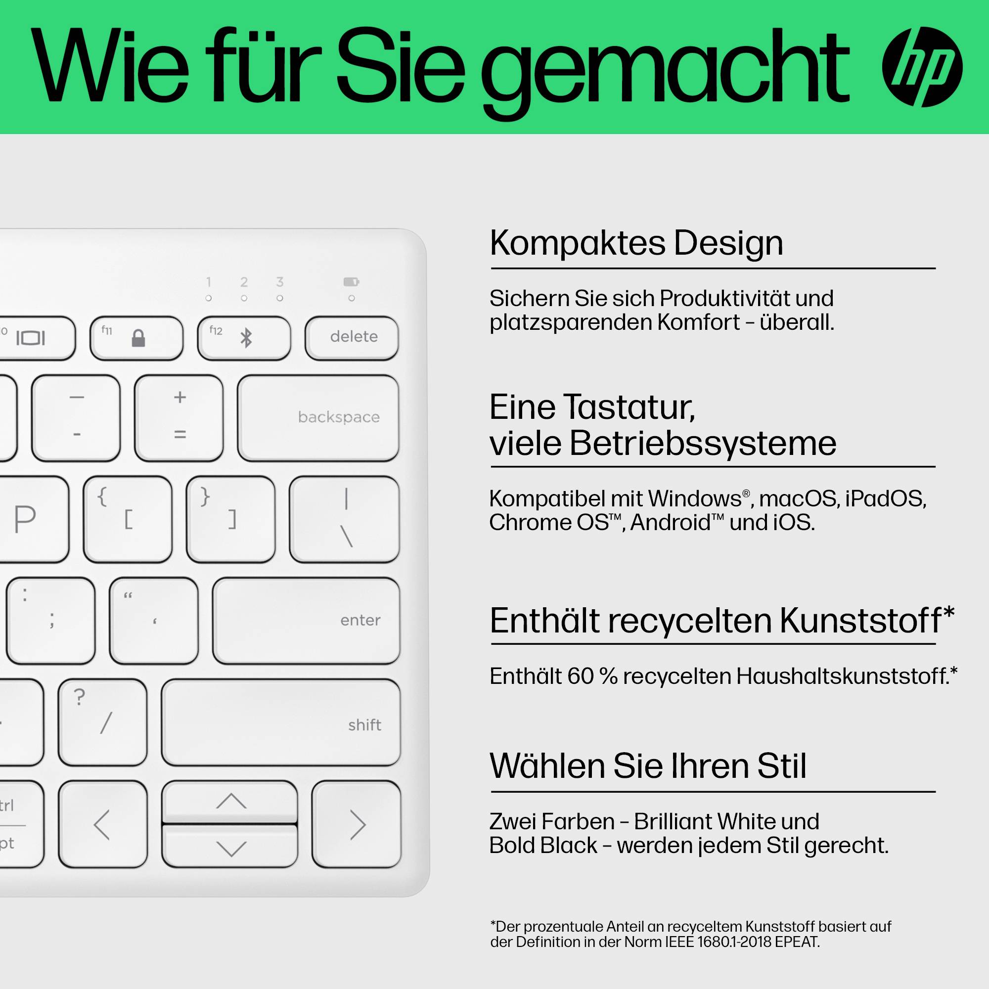 HP 350 Kompakte Bluetooth-Tastatur für mehrere Geräte Kabellos Tastatur Deutsch, QWERTZ Weiß