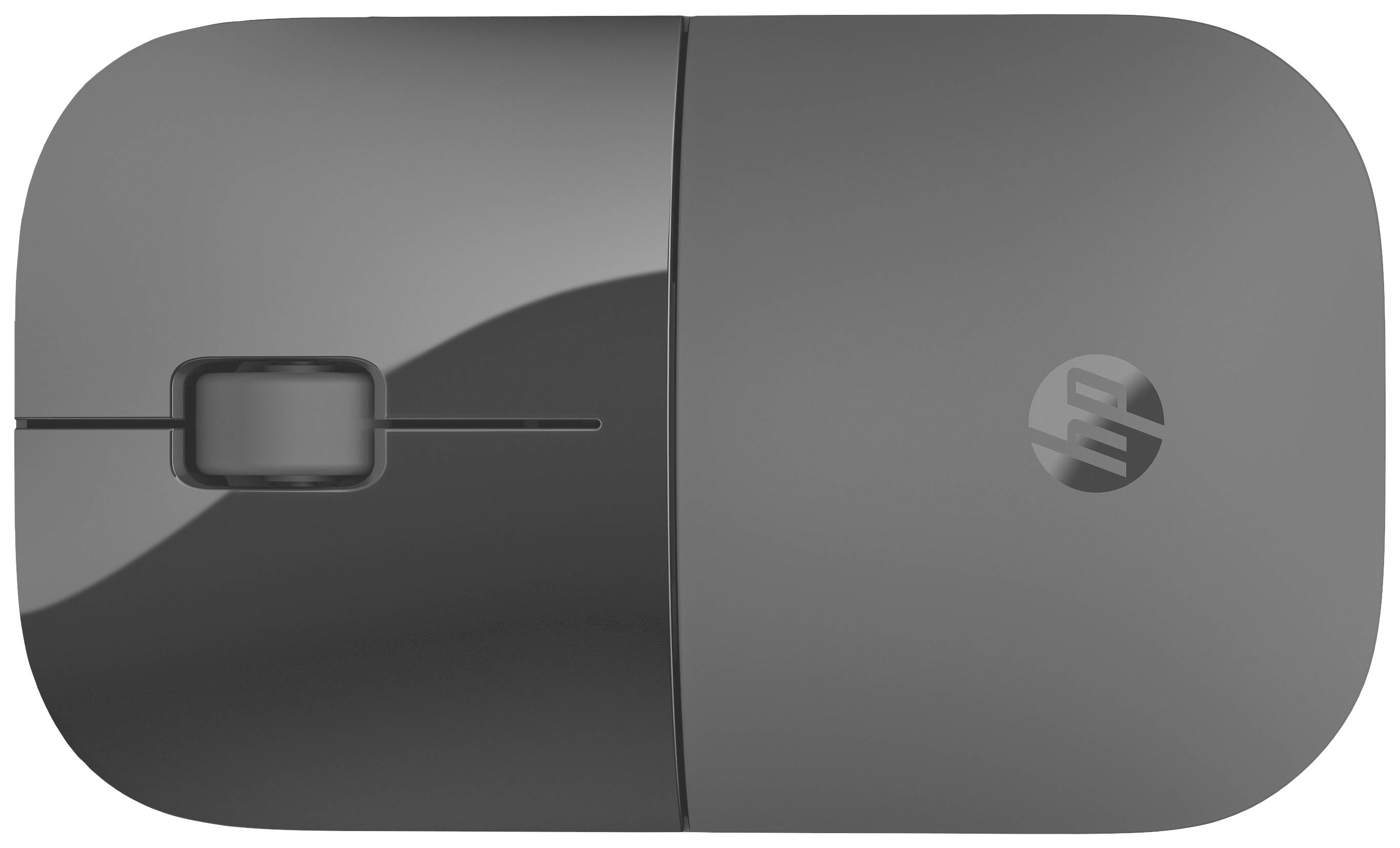 Graue, rechteckige Computermaus mit zwei Tasten und einem Scrollrad; markiert mit einem stilisierten Logo auf der rechten Seite.