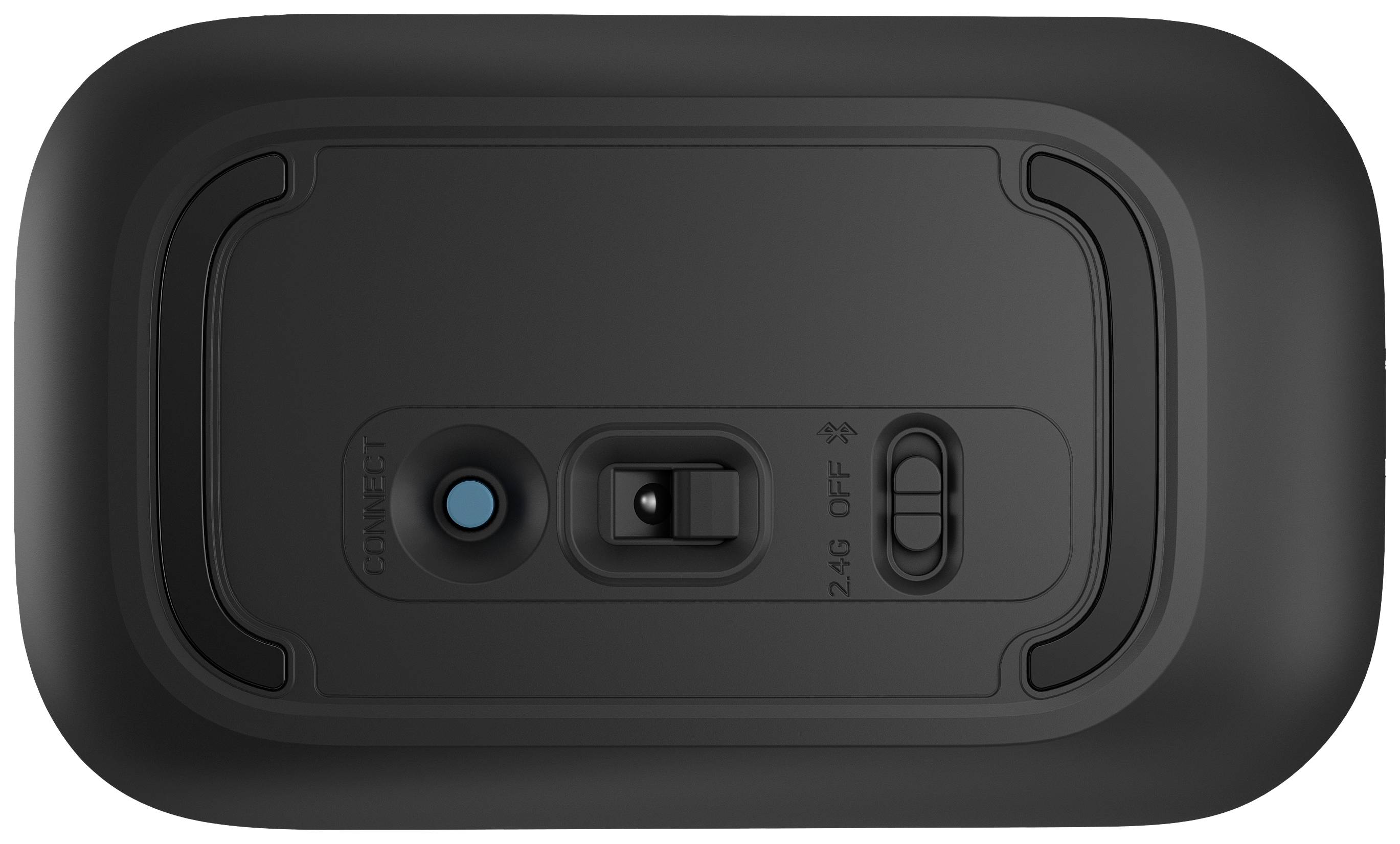 Unterseite einer kabellosen Maus mit Schiebeschalter für 2,4 GHz und Bluetooth, sowie einer blauen Taste.