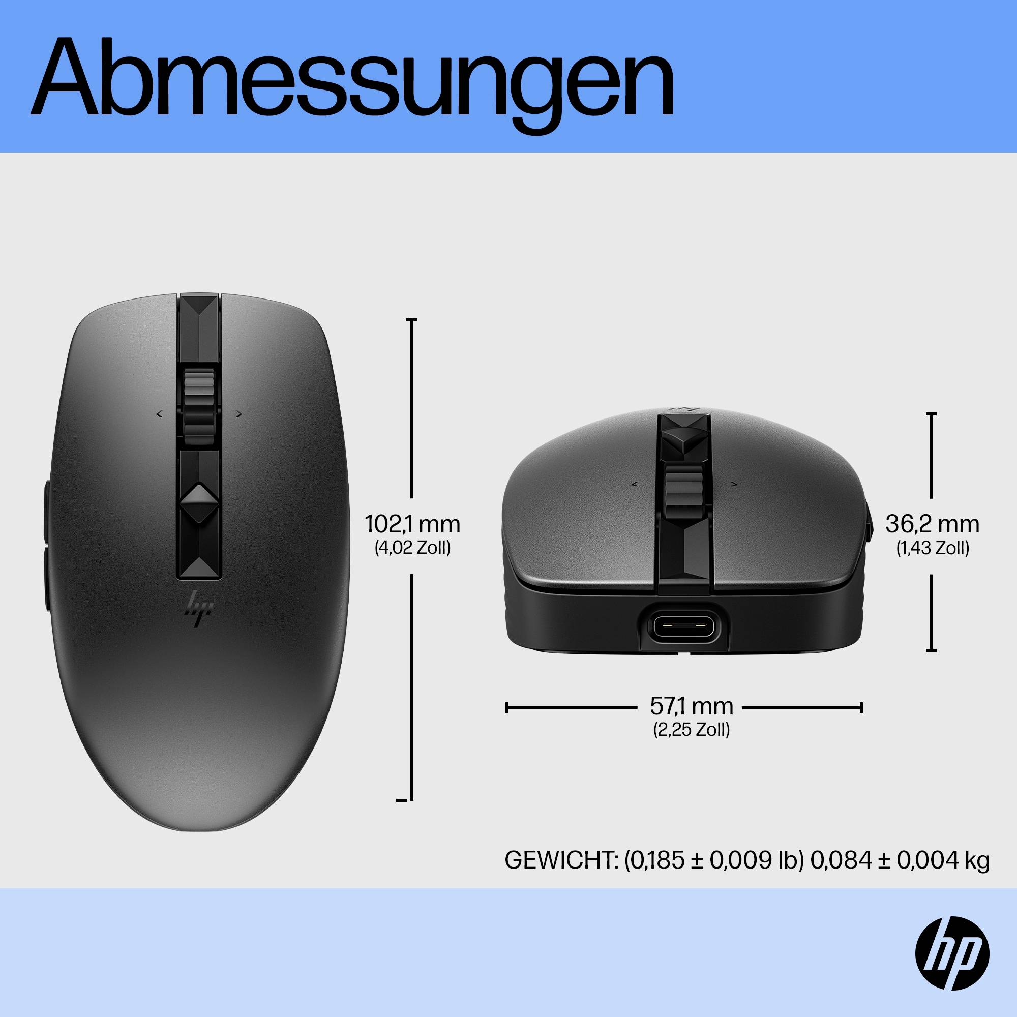 'Abmessungen' zeigt eine schwarze Maus mit Maßen: 102,1 mm (4,02 Zoll) hoch, 57,1 mm (2,25 Zoll) breit, 36,2 mm (1,43 Zoll) tief. Gewicht: 0,185 ± 0,009 lb.