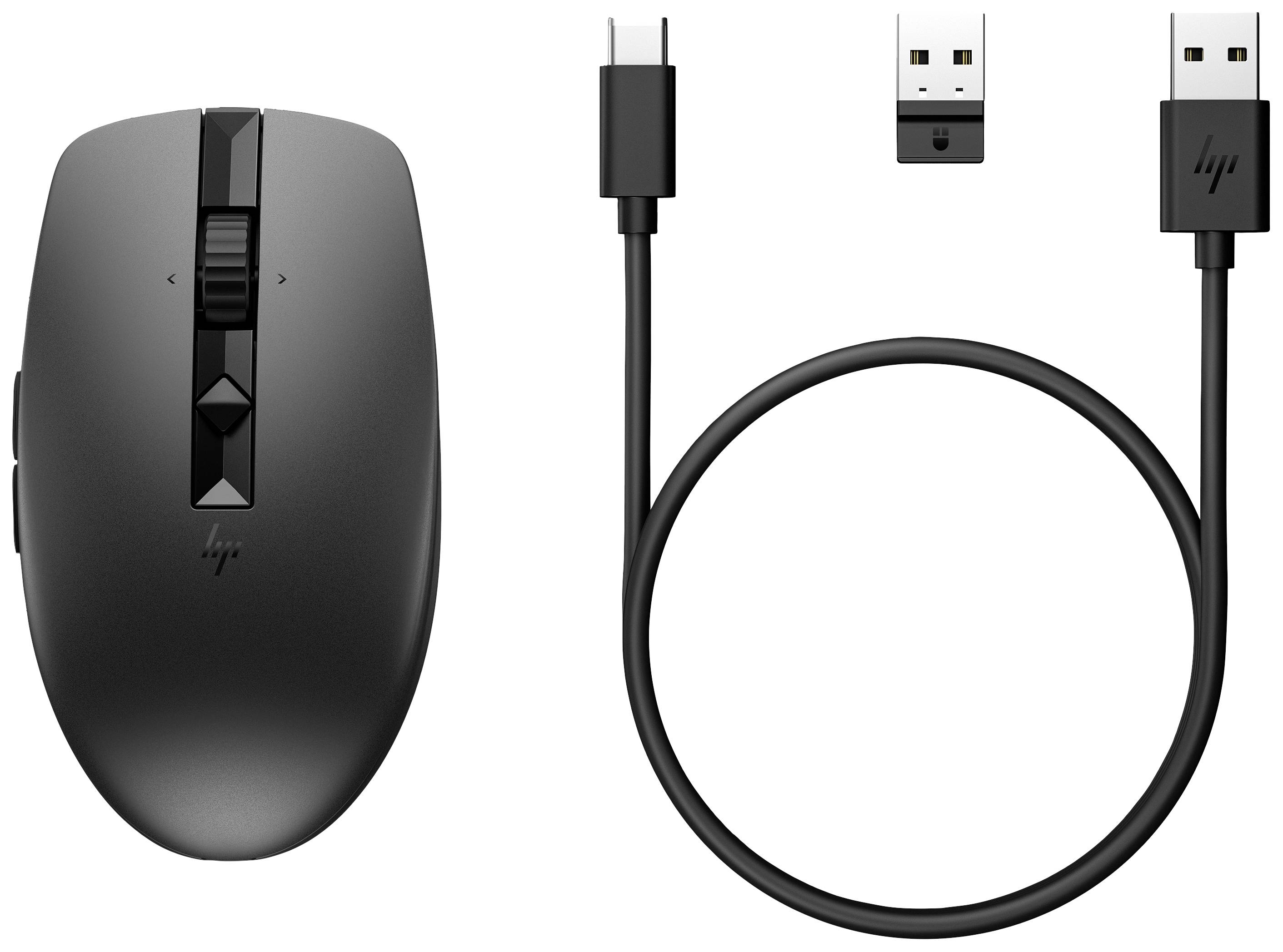 Kabellose schwarze Maus mit USB-Empfänger und USB-C-Ladekabel.