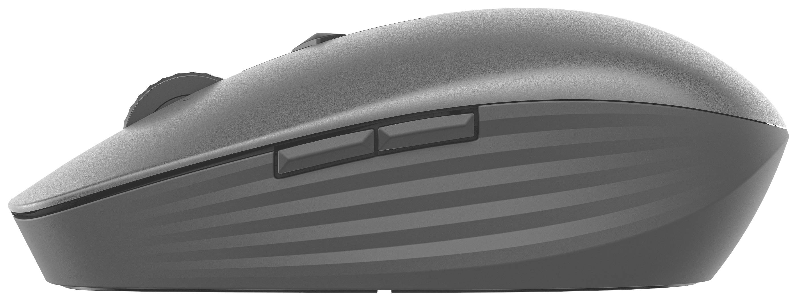 Eine kabellose Computermaus in Seitenansicht mit zwei zusätzlichen Tasten. Das Gerät hat ein modernes, stromlinienförmiges Design.