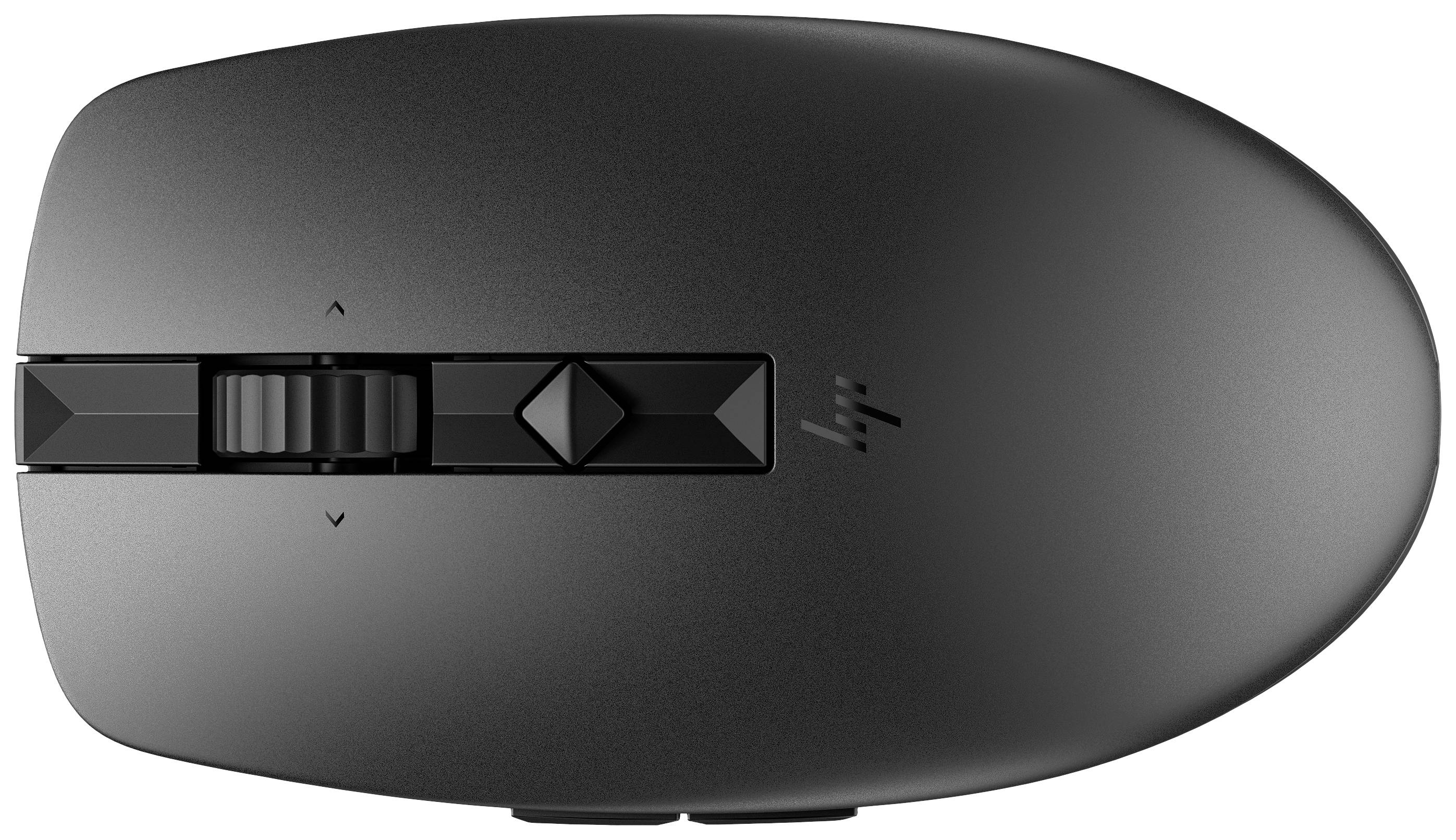 Schwarze, kabellose Computermaus in Draufsicht mit Scrollrad und zwei Tasten.