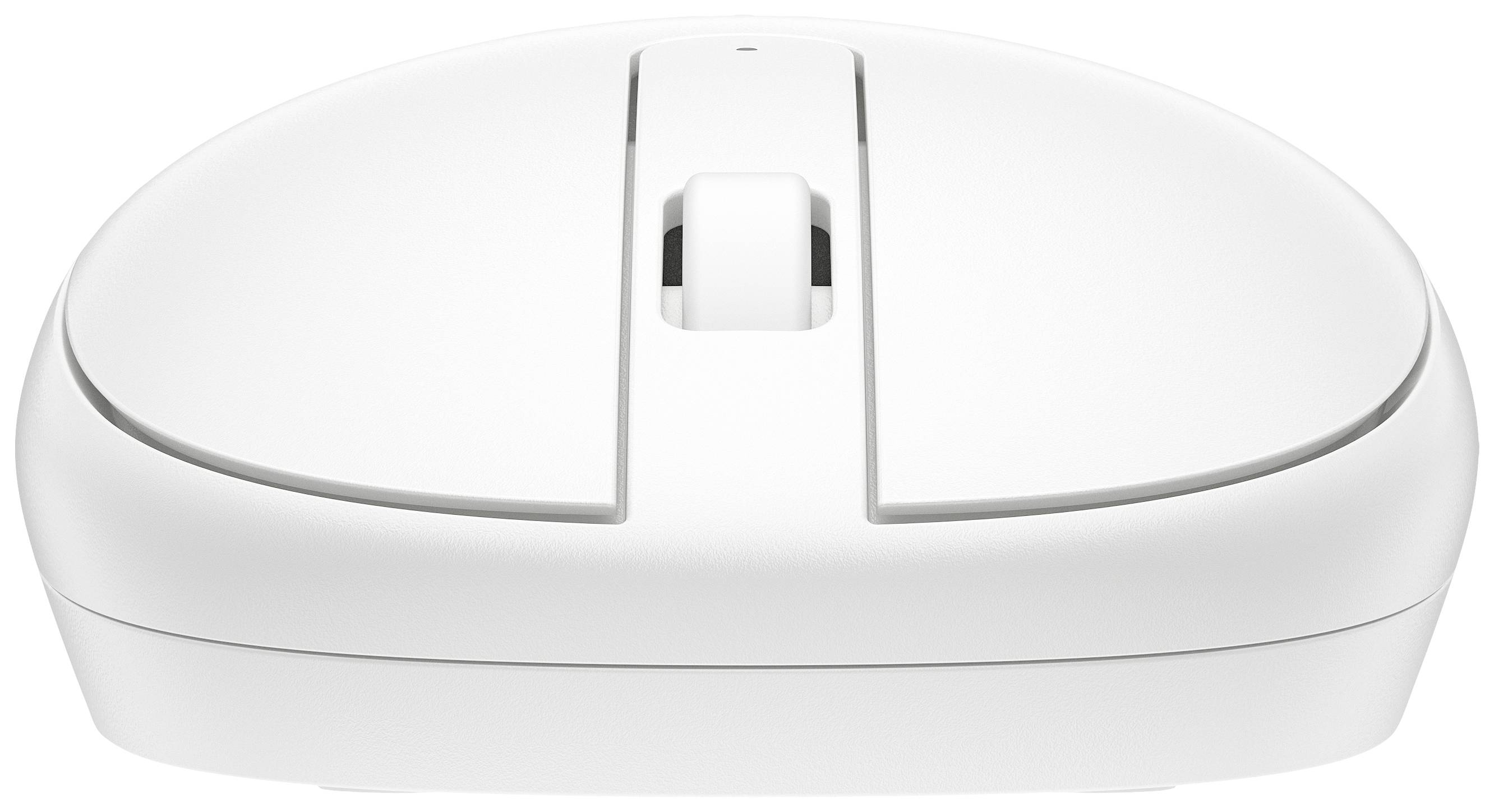 Weiße, drahtlose Computermaus mit zwei Tasten und einem Scrollrad, frontal abgebildet auf weißem Hintergrund.