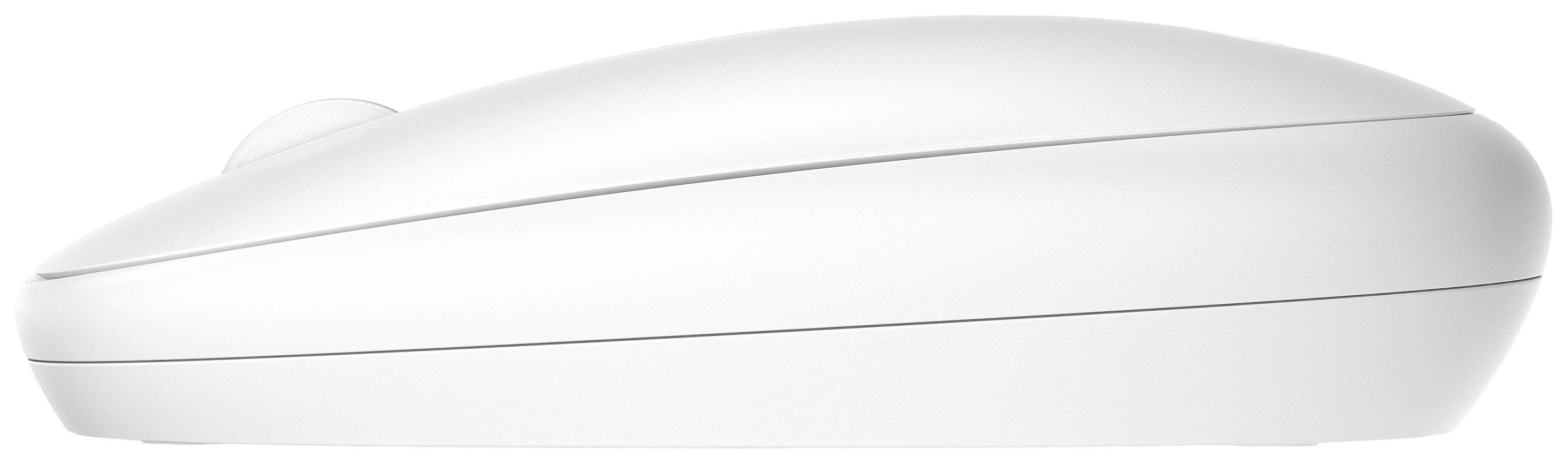 Eine seitliche Ansicht einer weißen Computermaus mit glatter Oberfläche und minimalistischem Design.