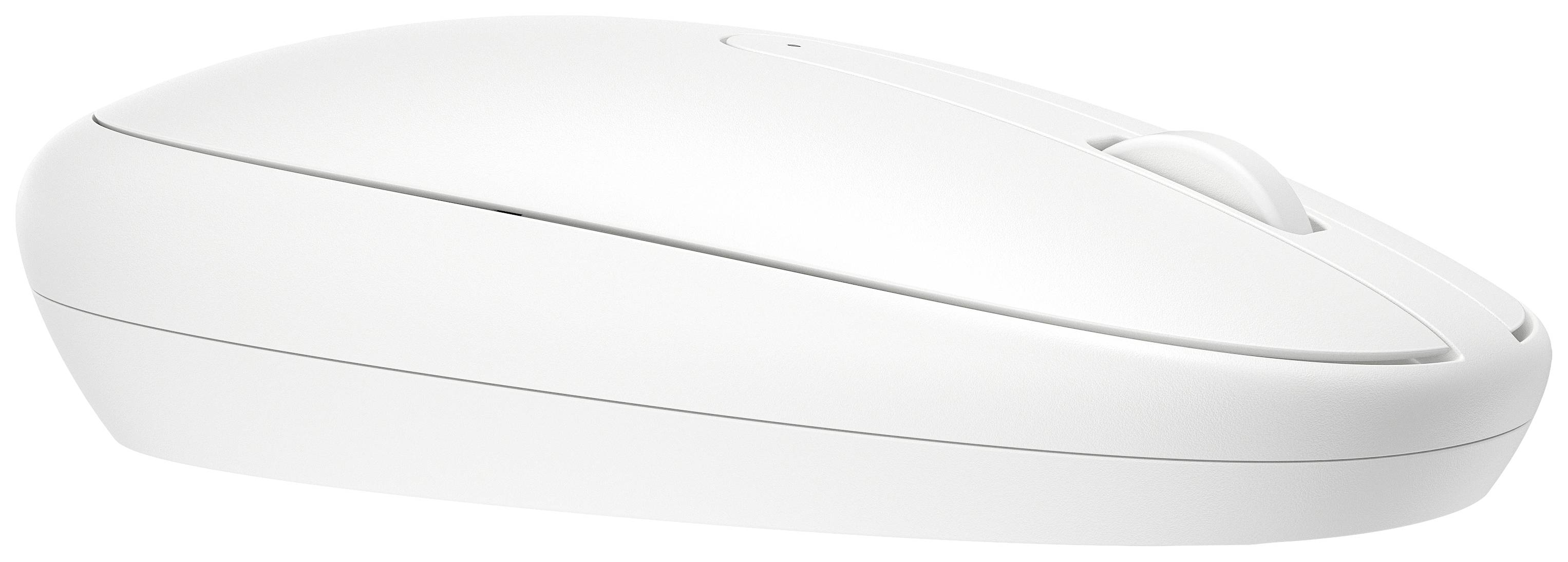 Weiße, kabellose Computermaus mit ergonomischem Design, seitlich betrachtet.