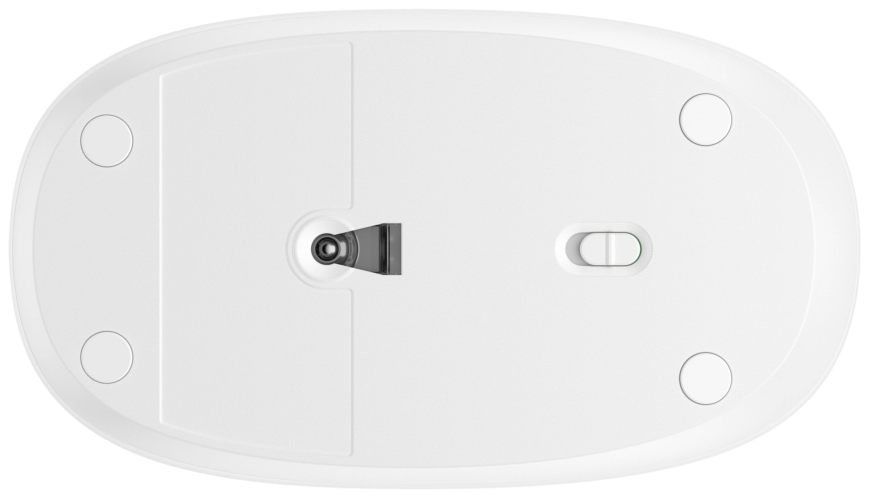 Unterseite einer weißen Computermaus mit sichtbar ein- und ausschaltbarem Schalter und optischem Sensor in der Mitte.