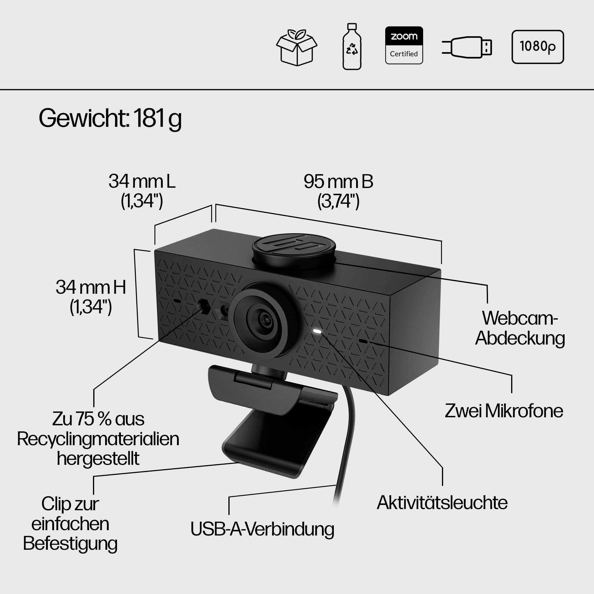 HP 620 Full HD-Webcam 1920 x 1080 Pixel Mikrofon, Klemm-Halterung, Integrierte Abdeckblende