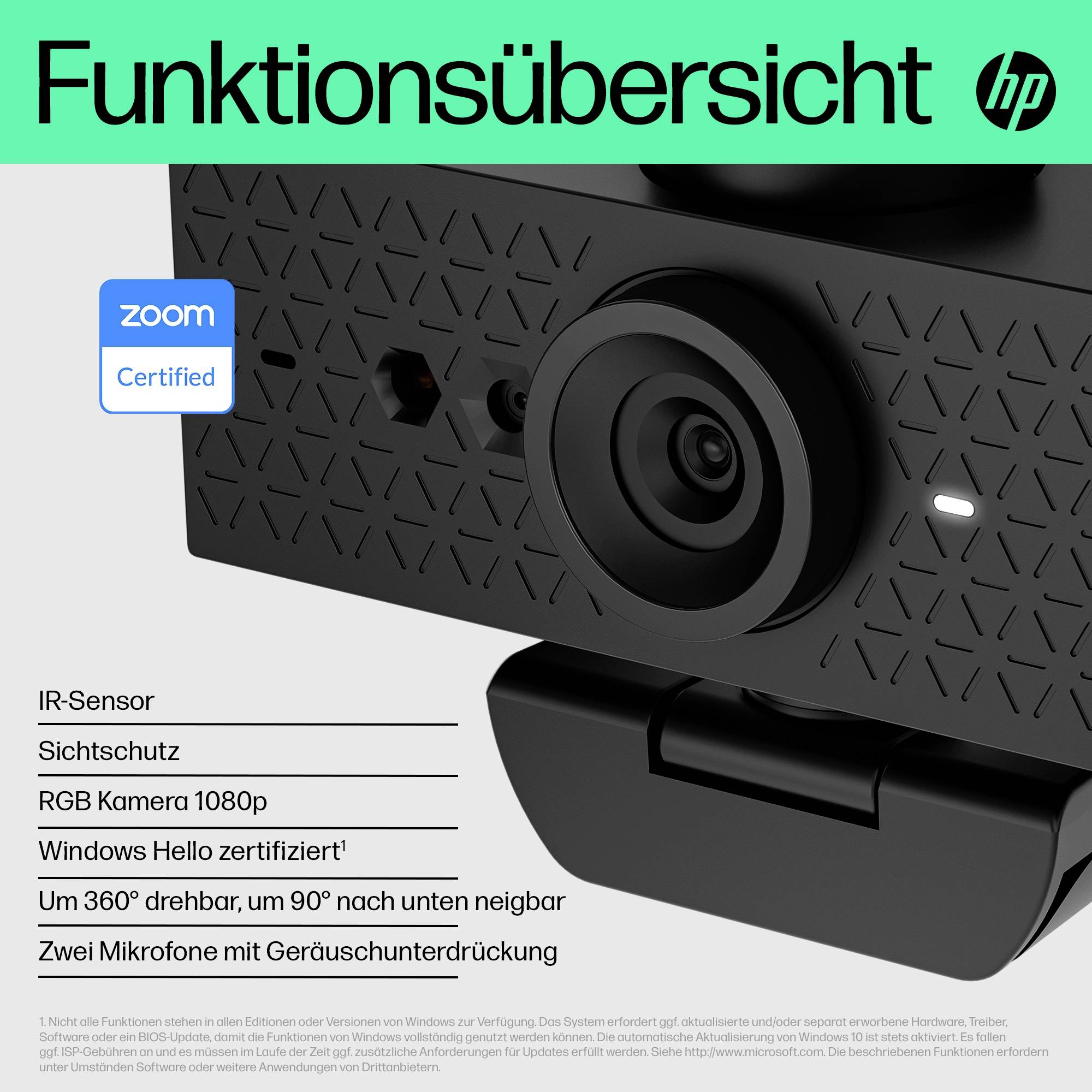 HP 620 Full HD-Webcam 1920 x 1080 Pixel Mikrofon, Klemm-Halterung, Integrierte Abdeckblende