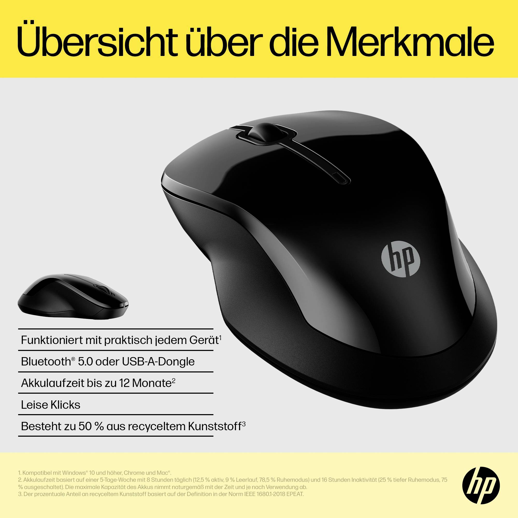 Schwarze kabellose Computermaus mit HP-Logo, hervorgehobene Merkmale: Bluetooth 5.0, leise Klicks, Akku bis 12 Monate, recyceltes Material.
