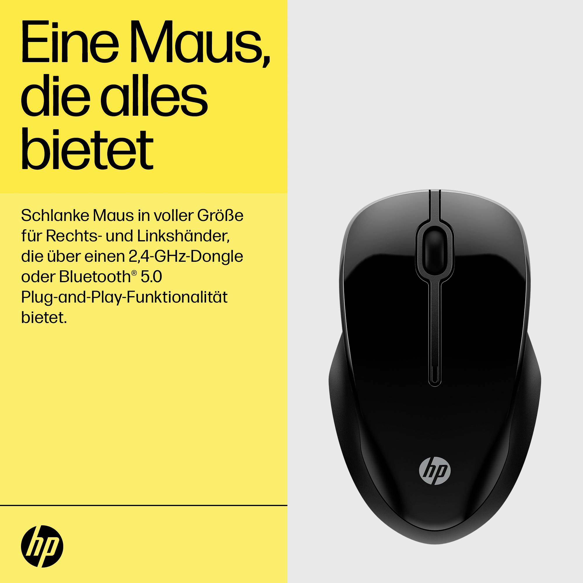 Eine schwarze HP-Maus mit Bluetooth 5.0, geeignet für Rechts- und Linkshänder, wird auf grauem Hintergrund präsentiert.