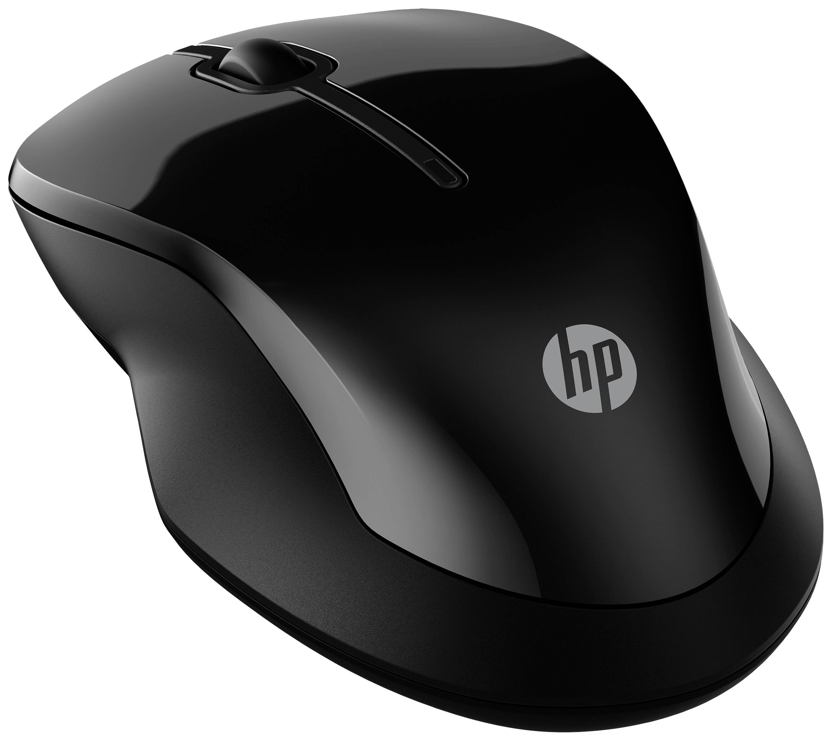 Schwarze kabellose Maus mit HP-Logo, ergonomisches Design, zwei Haupttasten und Scrollrad. Ideal für Büro- und Heimgebrauch.
