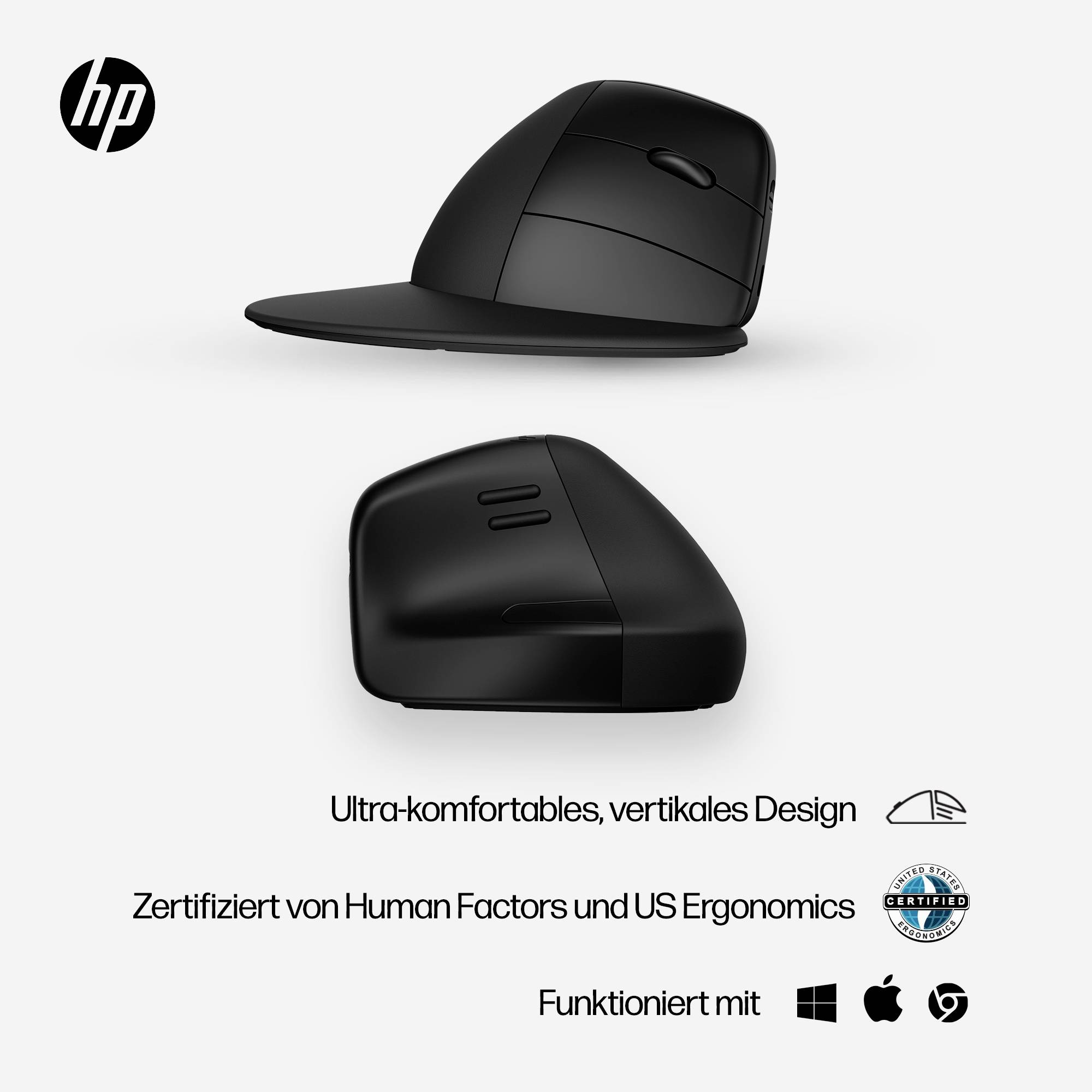 Ultra-komfortables, vertikales Mouse-Design von HP, zertifiziert für Ergonomie, kompatibel mit Windows, Mac und Linux.