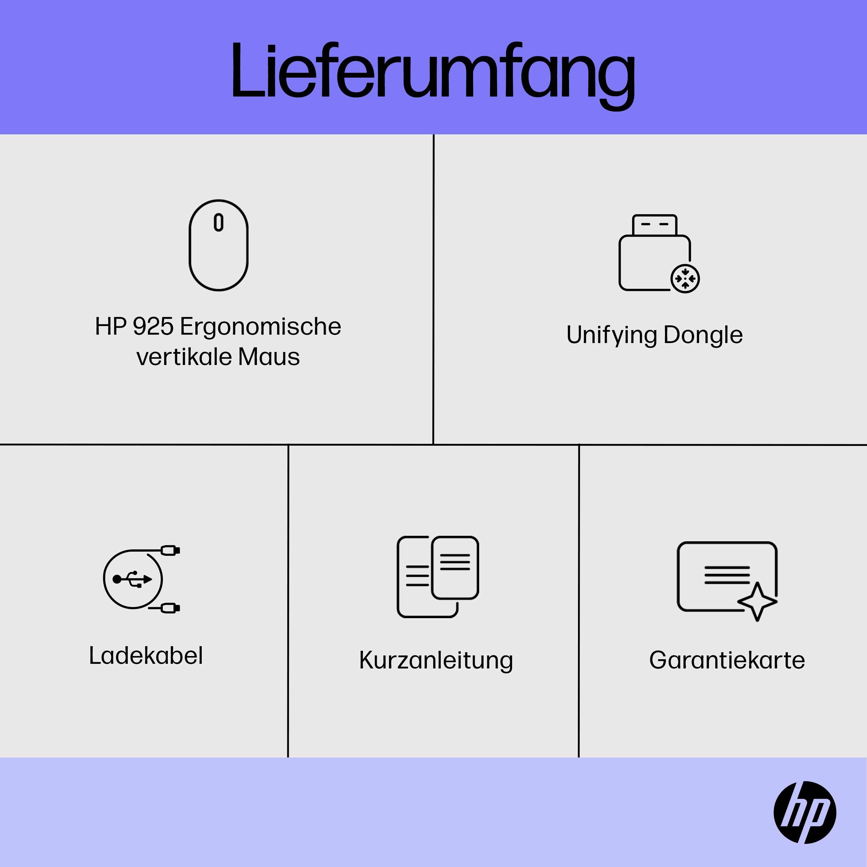 Lieferumfang: HP 925 Ergonomische vertikale Maus, Unifying Dongle, Ladekabel, Kurzanleitung, Garantiekarte