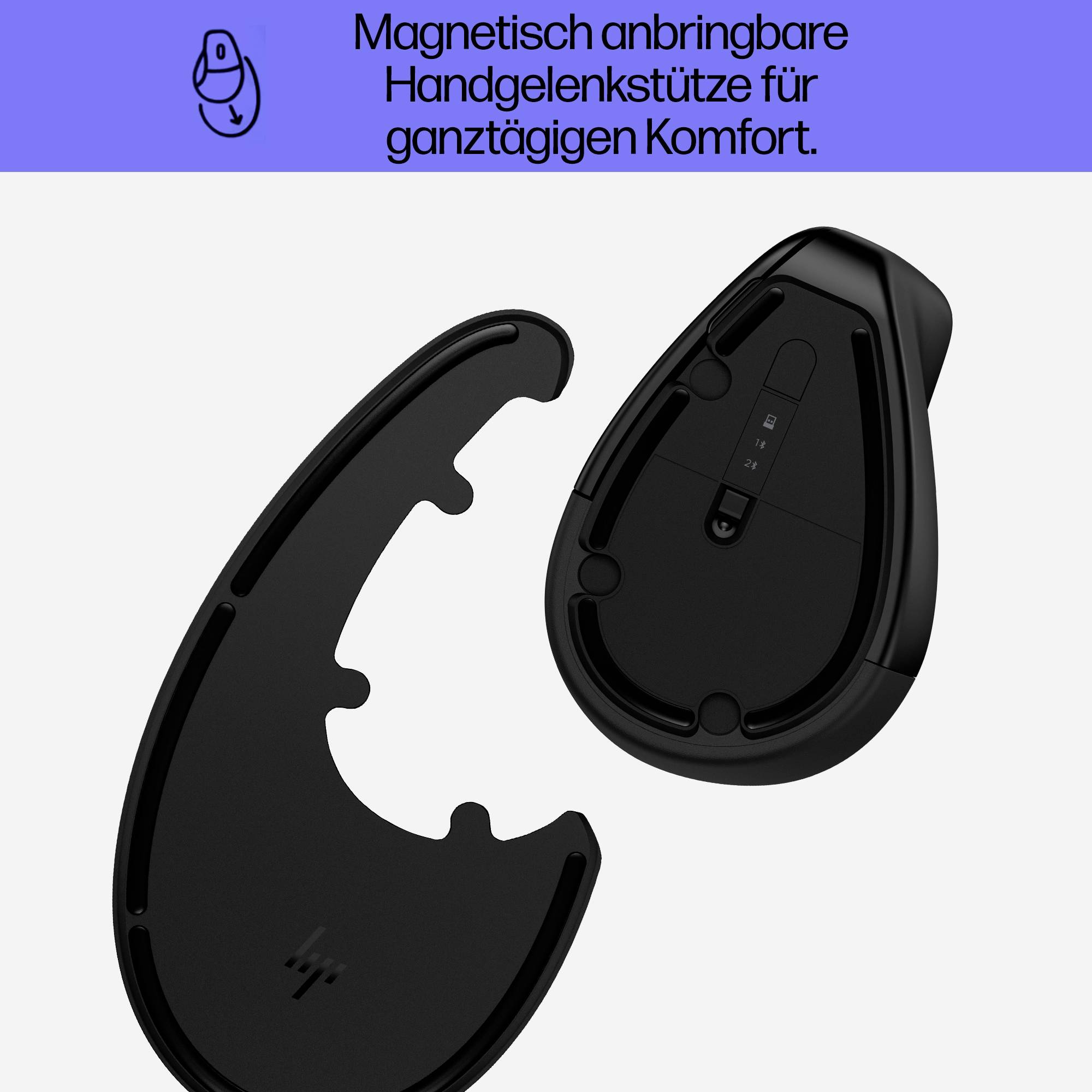 Eine schwarze magnetische Handgelenksstütze für eine Computermaus, abgebildet in einer Vorder- und Rückansicht, auf lila Hintergrund.