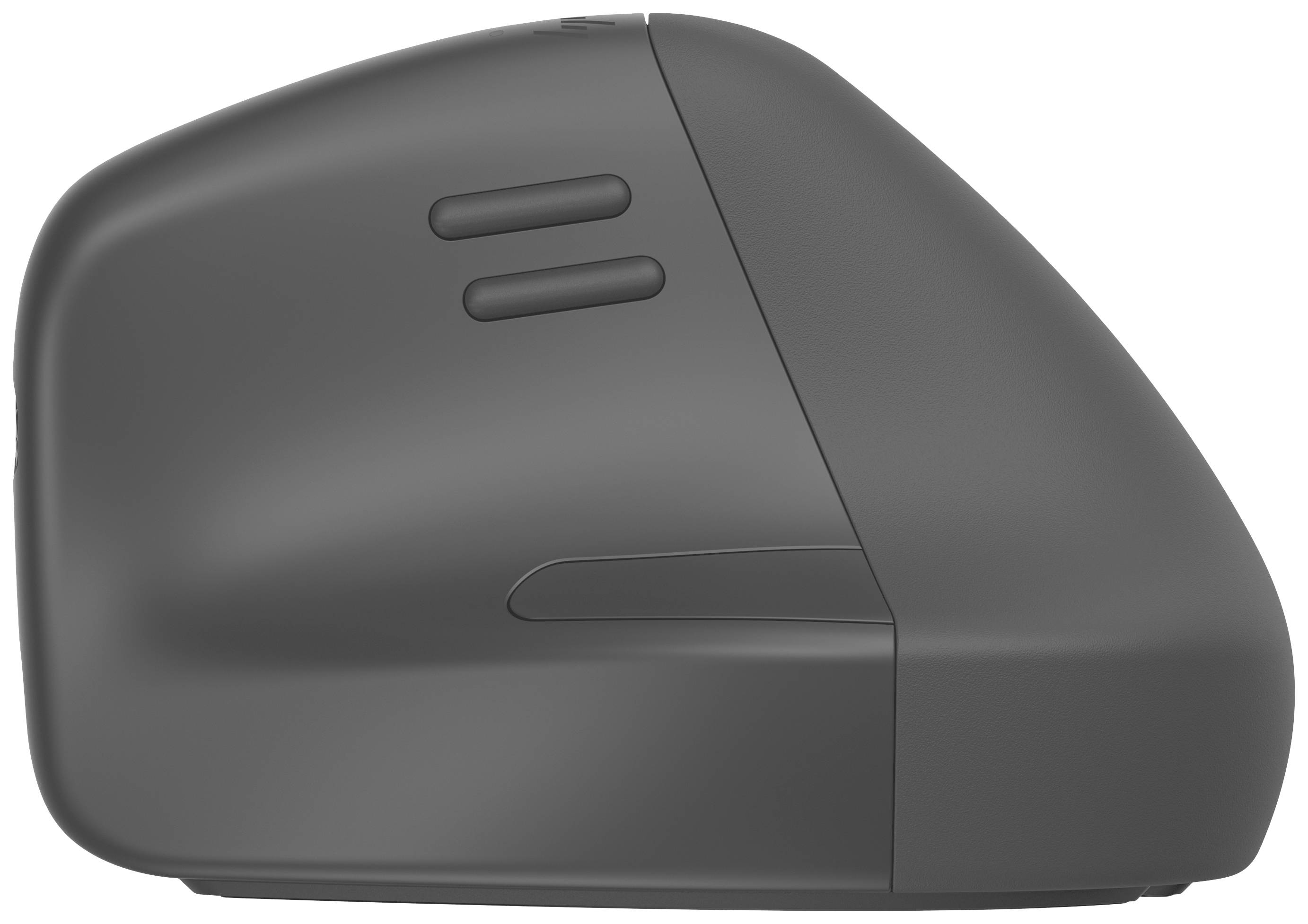 Ergonomische vertikale Maus, seitliche Ansicht, grau, mit zwei seitlichen Tasten.