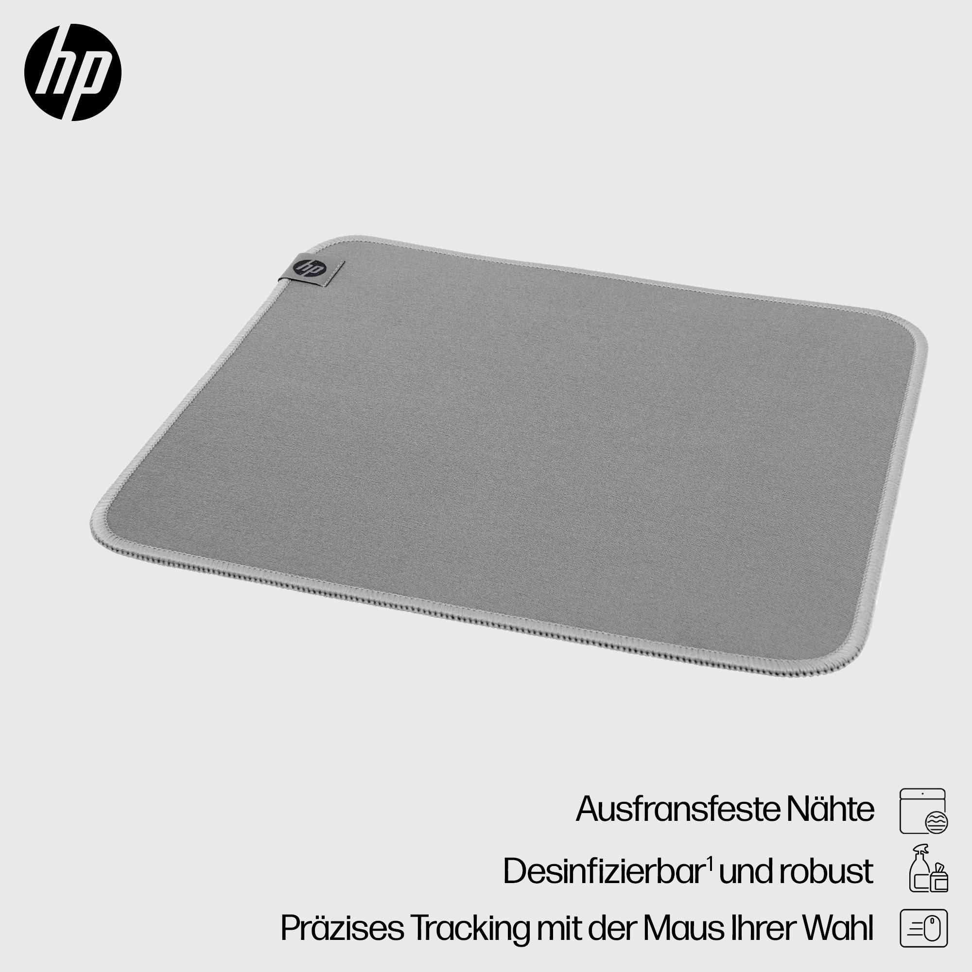 Graues Mauspad mit HP-Logo oben links. Text: 'Ausfransfeste Nähte, Desinfizierbar und robust, Präzises Tracking mit der Maus Ihrer Wahl'.