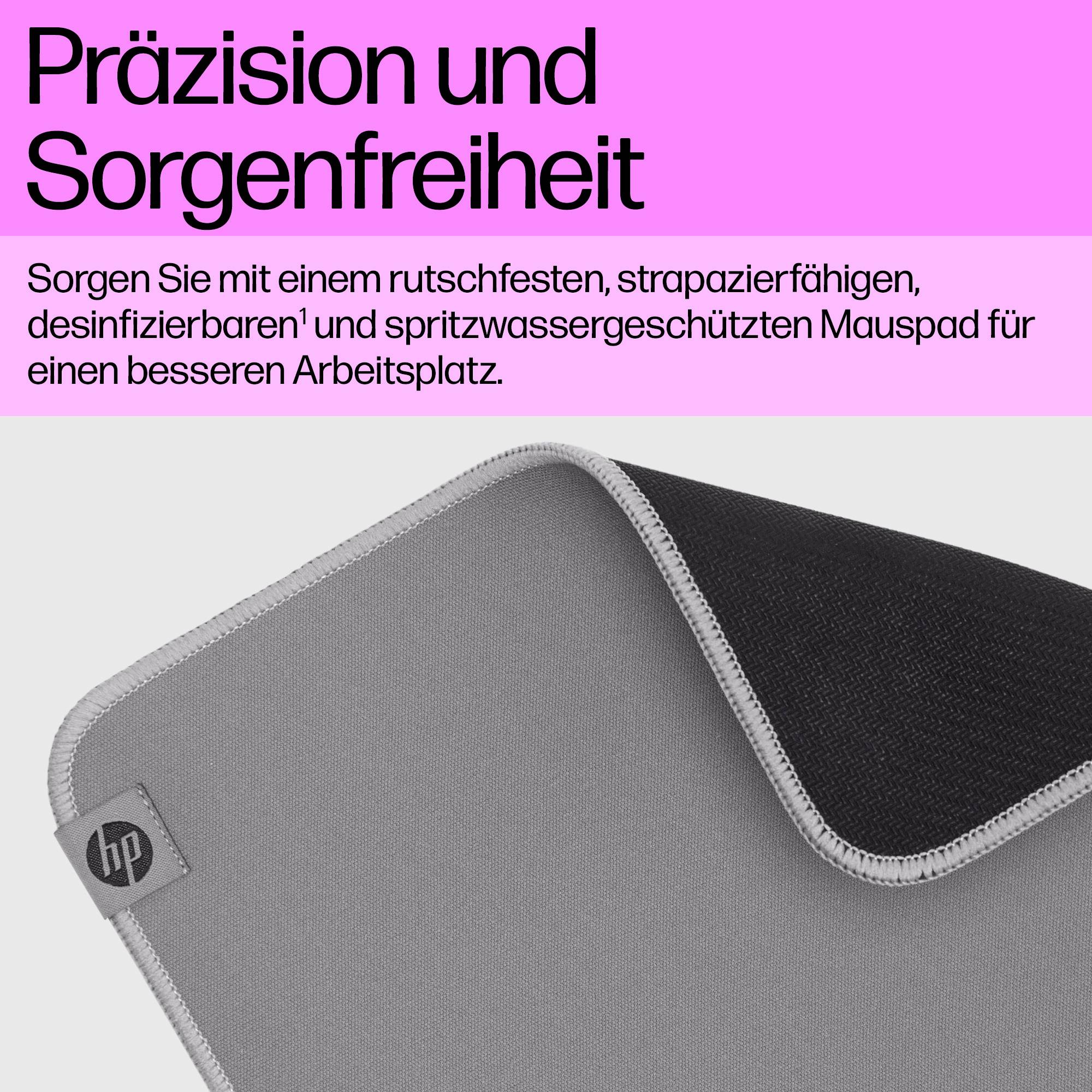 Mauspad von HP, grau mit rutschfester Unterseite, spritzwassergeschützt, strapazierfähig, für bessere Arbeitsplatzeffizienz.