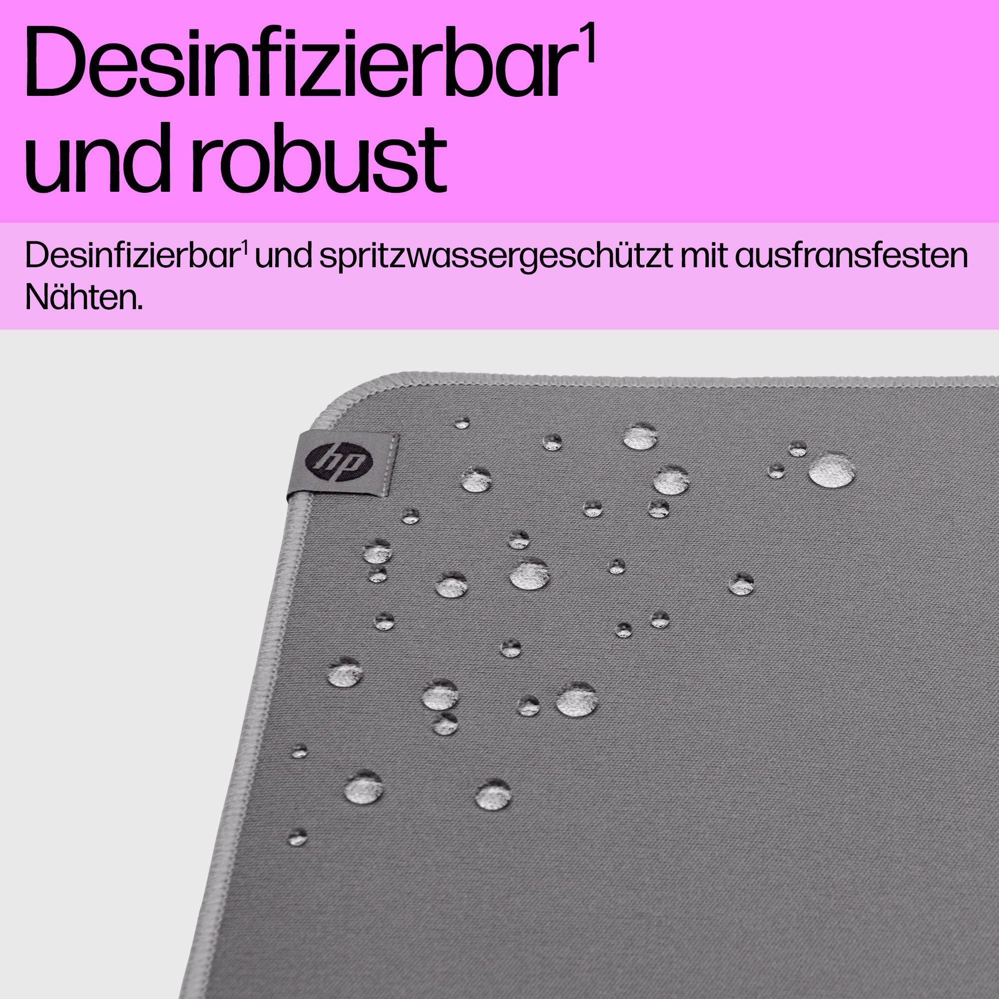 Eine graue Matte mit wasserabweisenden Eigenschaften, einige Wassertropfen darauf. Text oben: 'Desinfizierbar und robust'.
