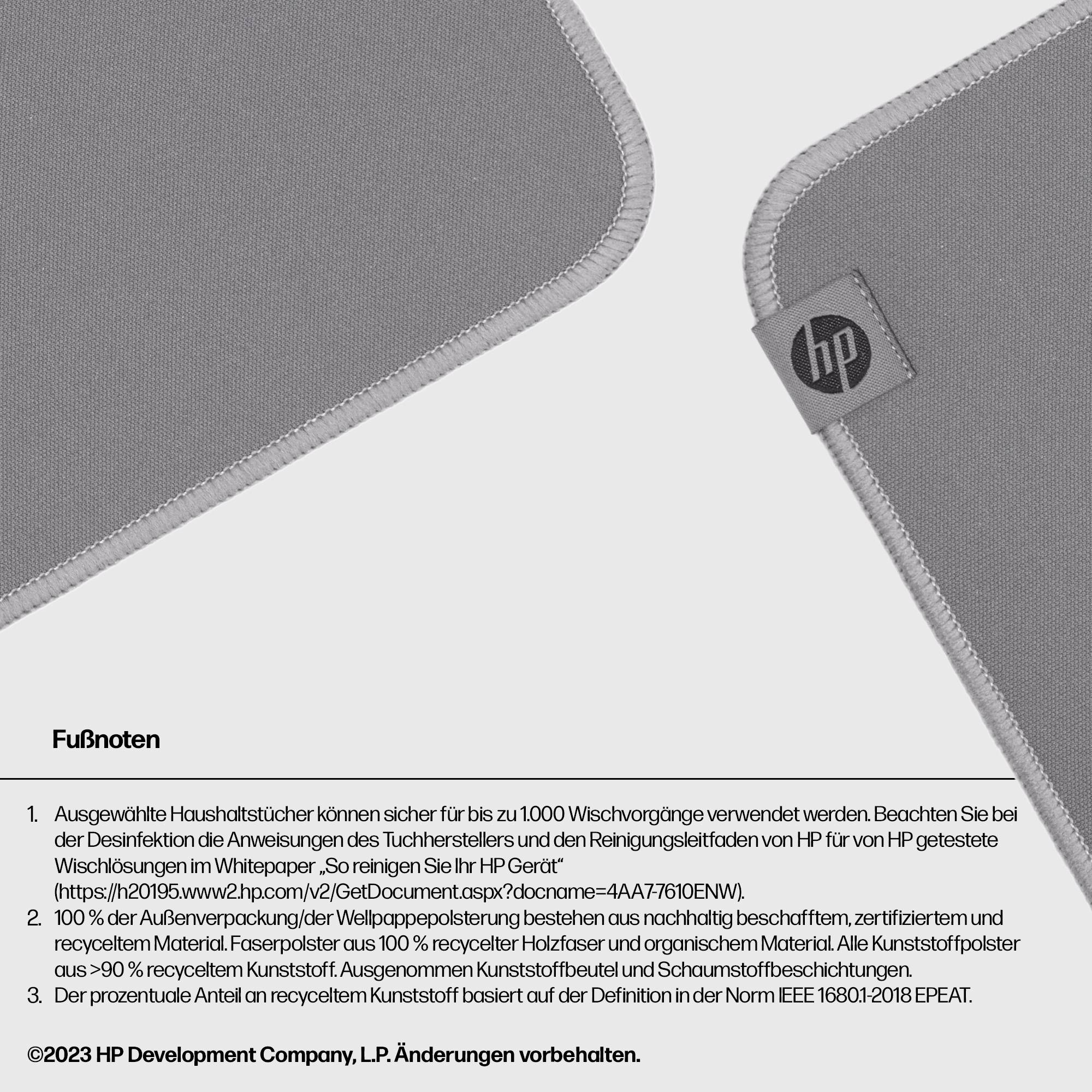 Ein graues HP-Handtuch mit Etikett auf einer weißen Fläche. Darunter ein Text zu Waschzyklen und Umweltfreundlichkeit.